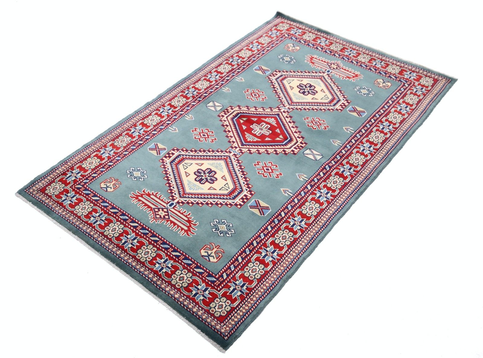 Tapis d'accent tribal noué à la main, bleu ardoise, rouge et ivoire, 92 x 155 cm. Tapis en laine géométrique photo for sale
