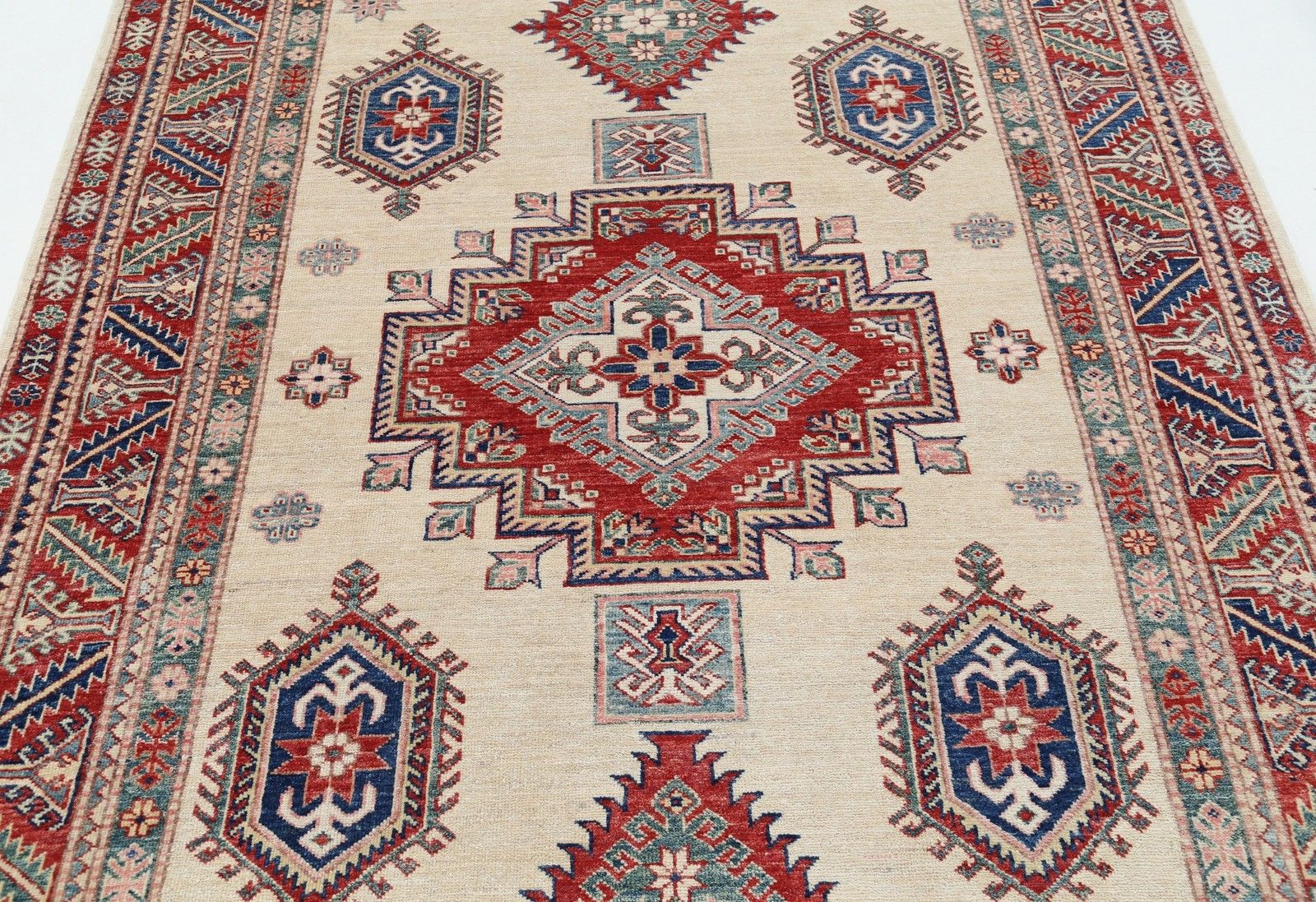 5.5x8.3 Ft Hand Knotted Red, Ivory, Navy Blue Rug. Turkish Geometric Design Rug photo 2198.0