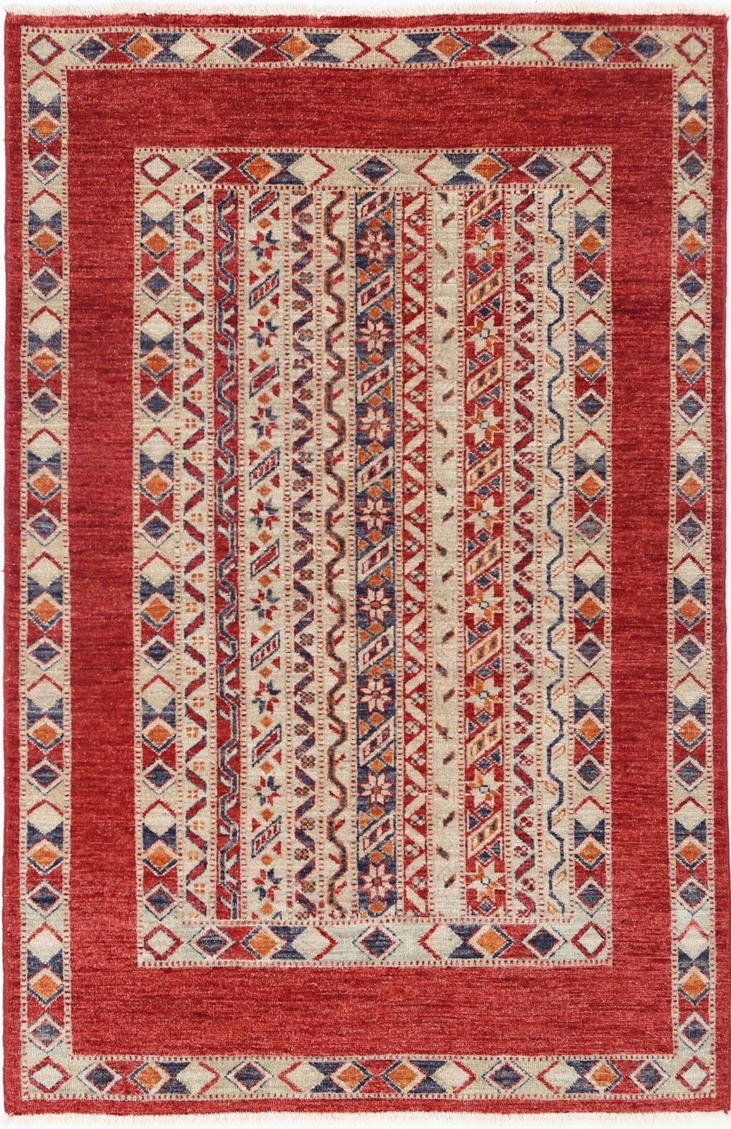 4x6.2 Ft Handmade Red, Ivory, Navy Blue, Orange Area Rug With Geometric Design