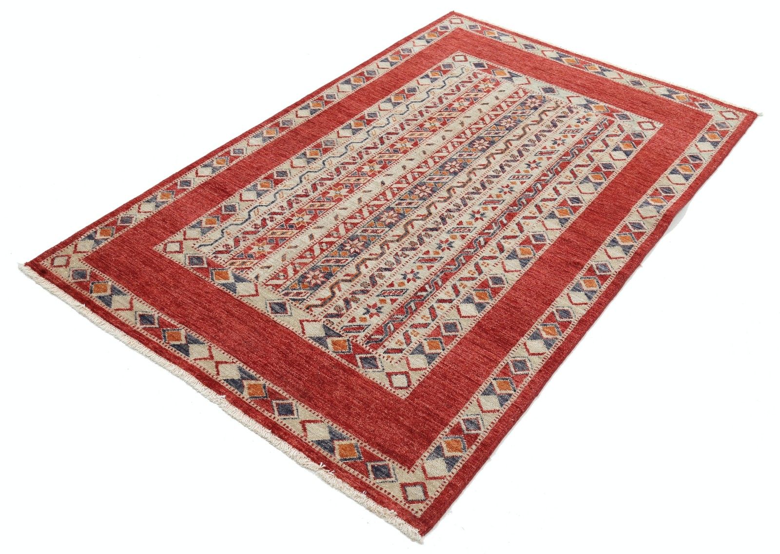 Tapis artisanal 4 x 6,2 ft, rouge, ivoire, bleu marine et orange, à motifs géométriques photo for sale