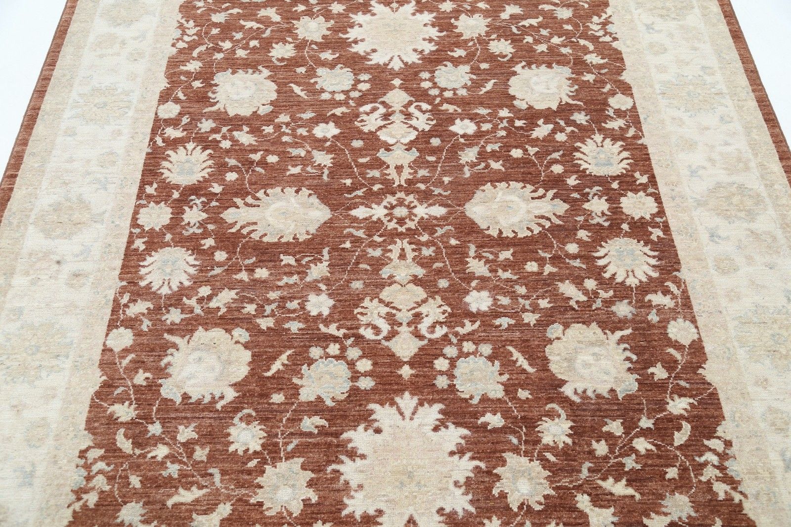 5.7x7.8 Ft Hand Knotted Floral Area Rug With Red Field And Ivory Border photo 2159.0