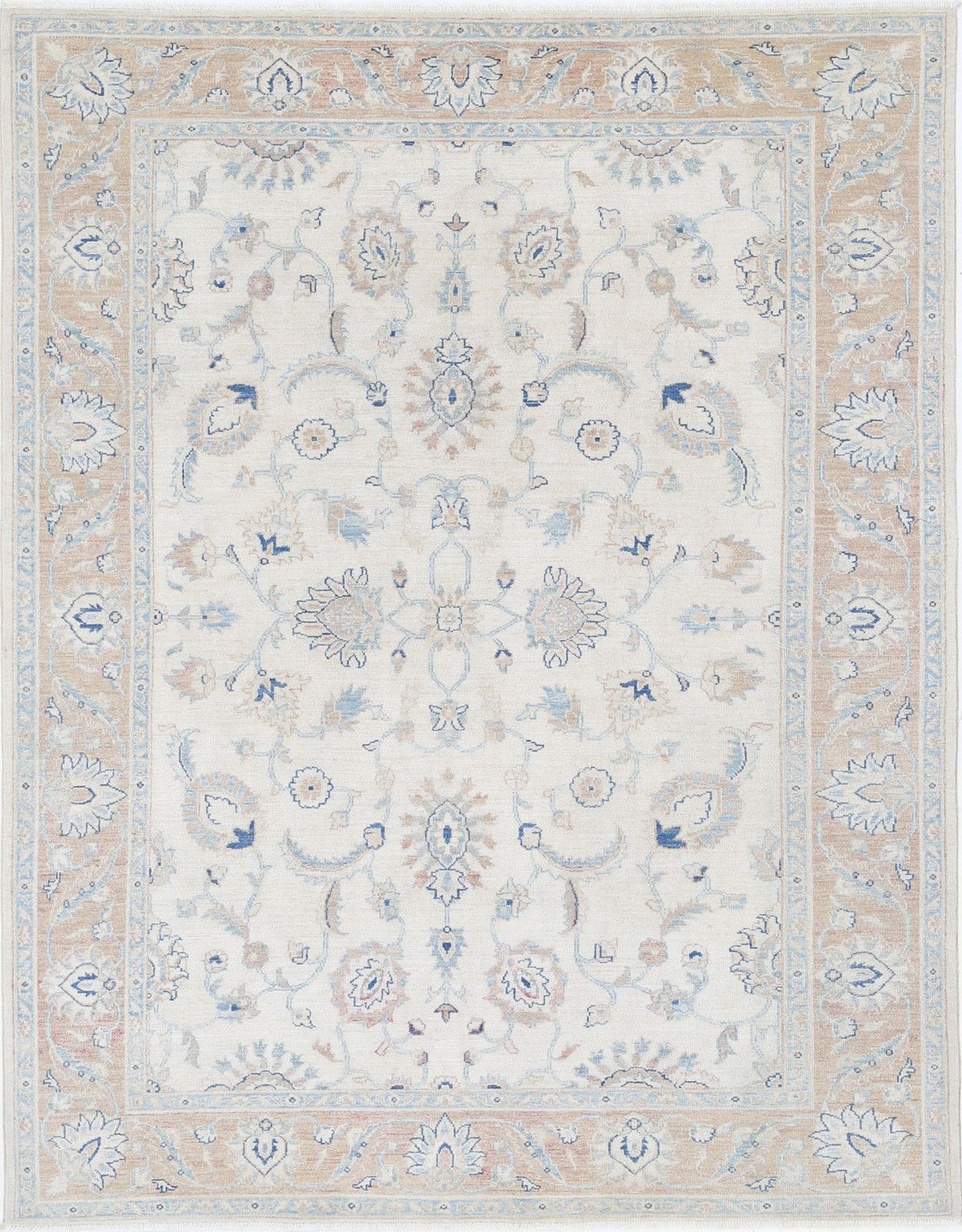 6.2x8 Ft Hand Knotted Wool Rug With All Over Floral Design. Beige Oushak Carpet