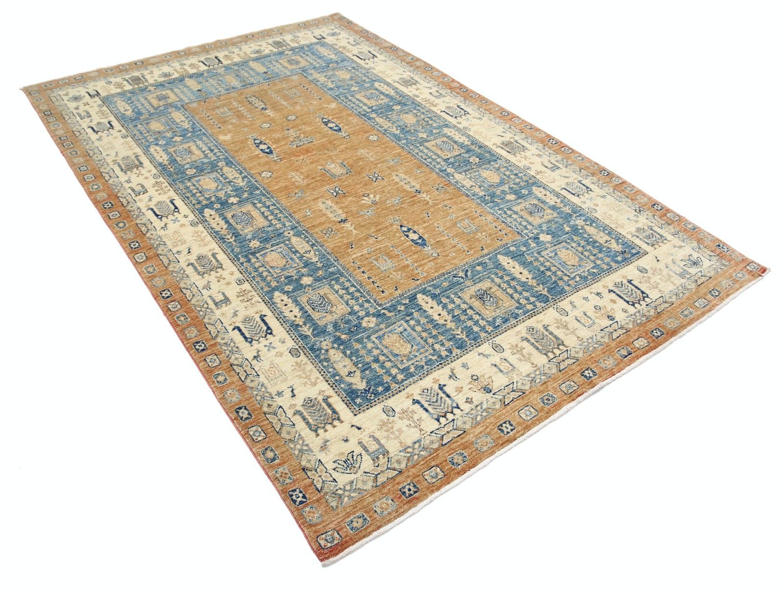 5.5x8 Ft Handknotted Light Blue, Beige Wool Area Rug. Turkish Tribal Carpet photo furniture
