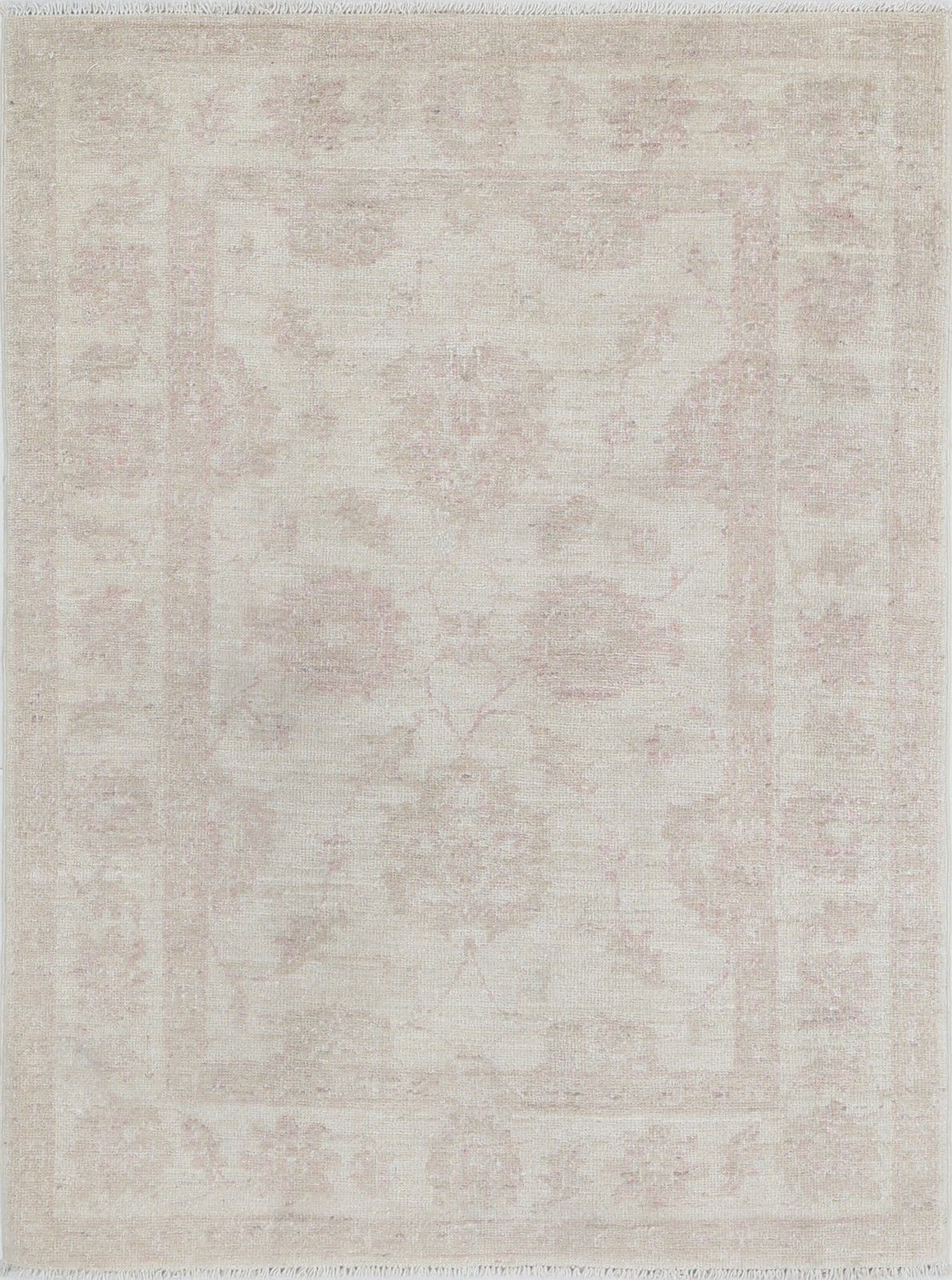 2,8 x 3,8 ft Handgeknoopt Beige Turks Wollen Vloerkleed met Allover Bloemmotief