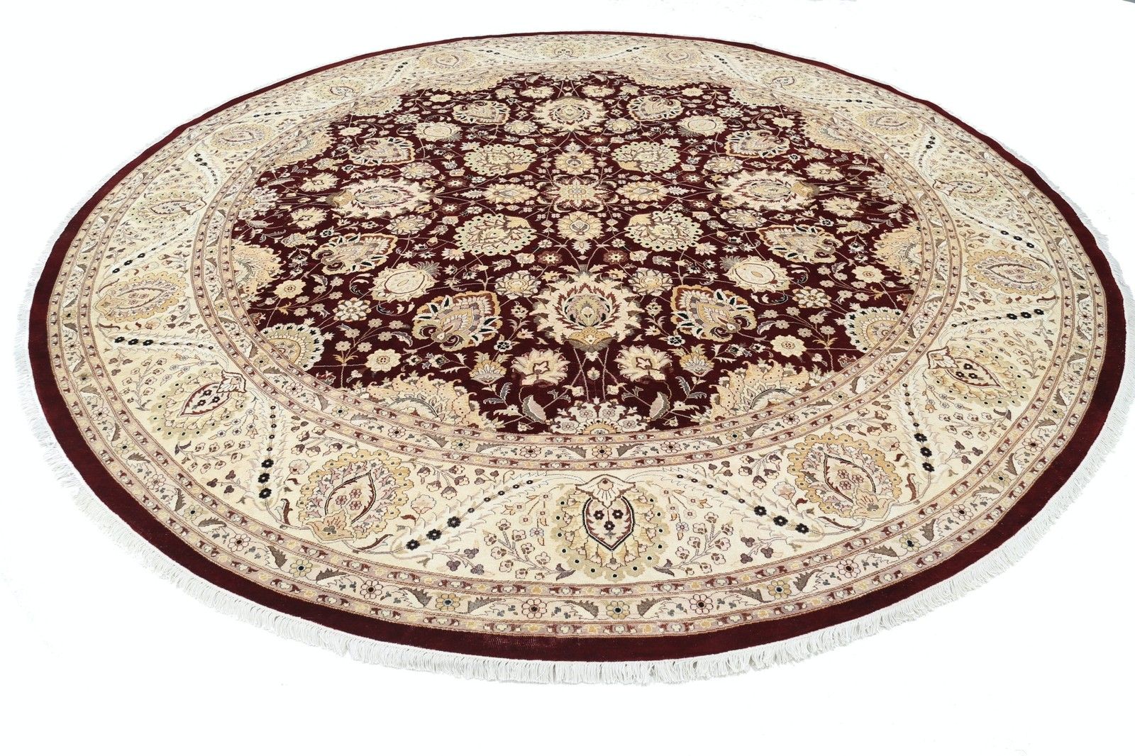 Tapis rond tribal en laine noué à la main, 12 x 12 ft. Tapis floral circulaire rouge photo furniture