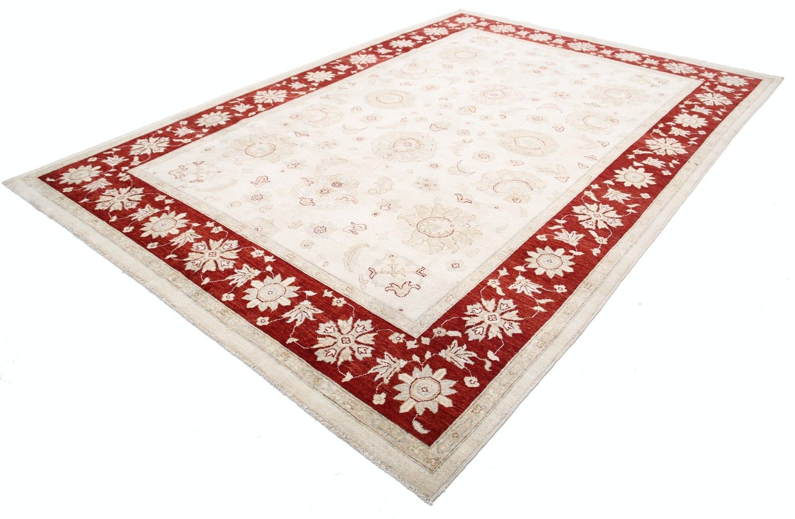 Tapis en laine fait main 252 x 366 cm, rouge et beige, motif floral Oushak photo for sale