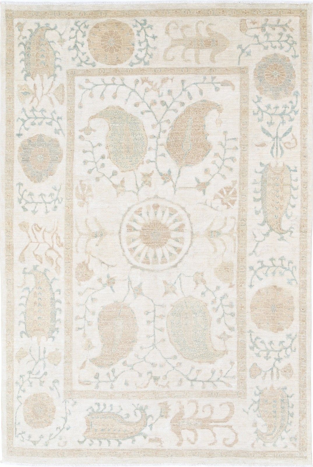 5.8x8.6 Ft Handknotted Beige, Light Blue Wool Area Rug. Turkish Botanical Carpet