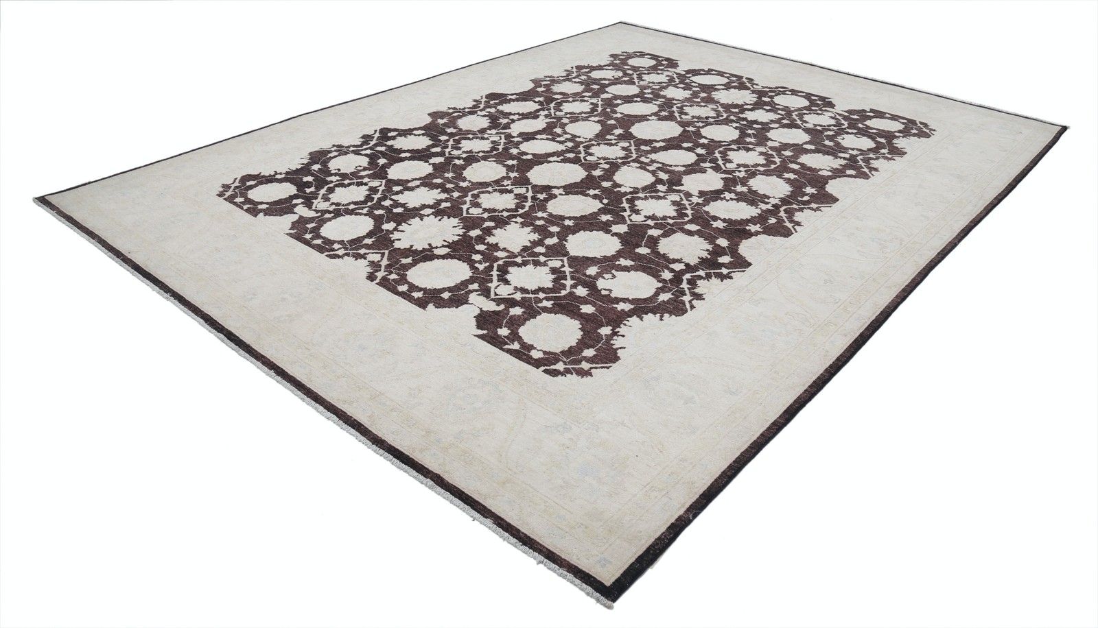 9x11.8 Ft Hand Knotted Brown, Ivory Wool Area Rug. Ogee Trellis Design Carpet photo furniture