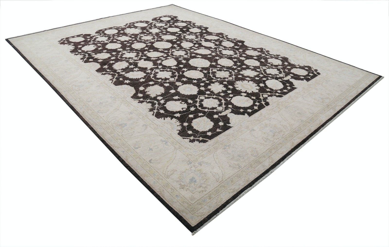 9x11.8 Ft Hand Knotted Brown, Ivory Wool Area Rug. Ogee Trellis Design Carpet photo for sale
