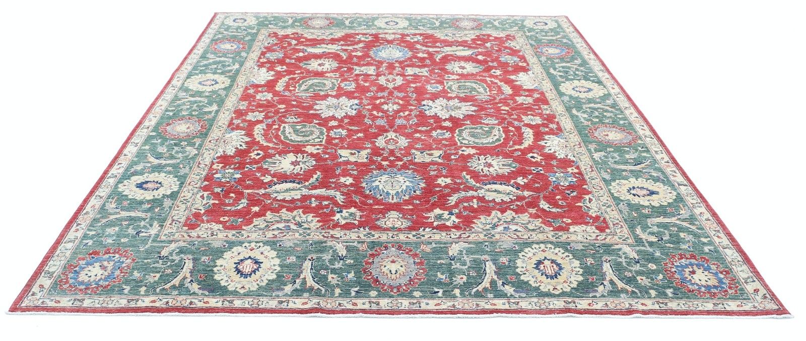 Tapis de sol artisanal à motifs floraux, 8'3" x 9'7", en rouge et vert, Oushak turc en laine photo Textiles