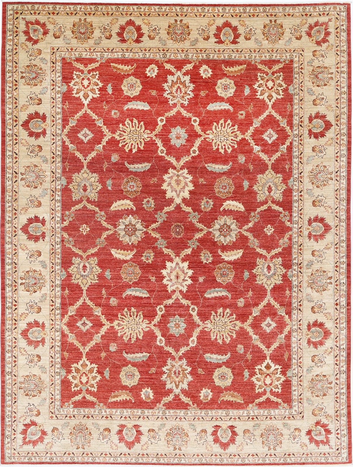 9x12.2 Ft Hand Knotted Floral Area Rug In Beige And Red. Traditional Wool Carpet