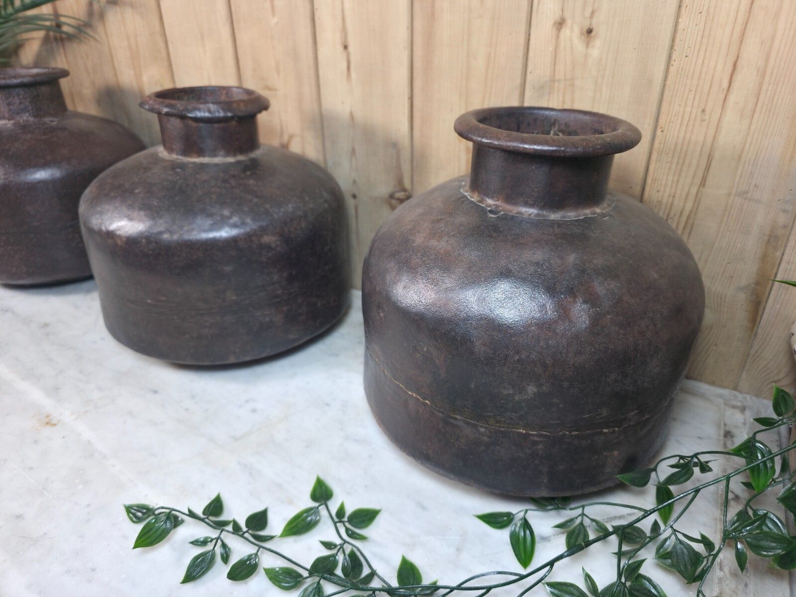 Old Vintage Rustic Wabi Sabi Heavy Duty Metal Iron Indian Water Pot Vase Carrier photo furniture