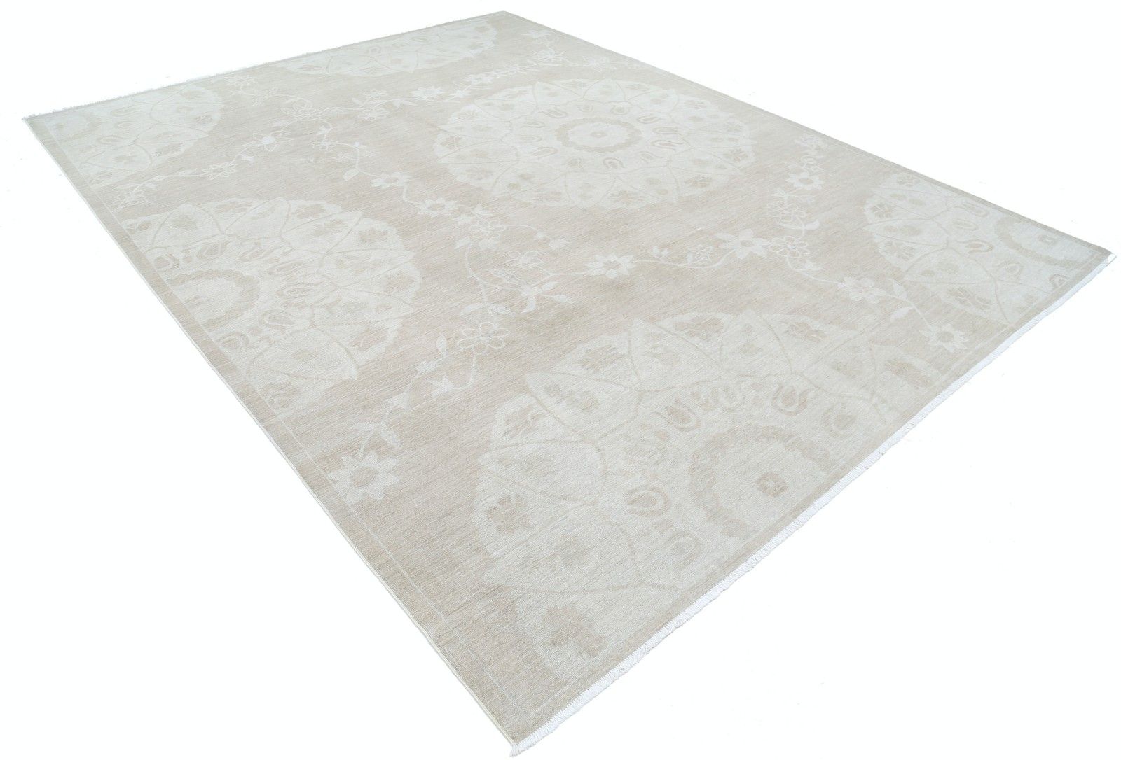8,8 x 11,3 ft handgeknoopt groot vloerkleed, beige wol. Traditioneel bloementapijt photo furniture