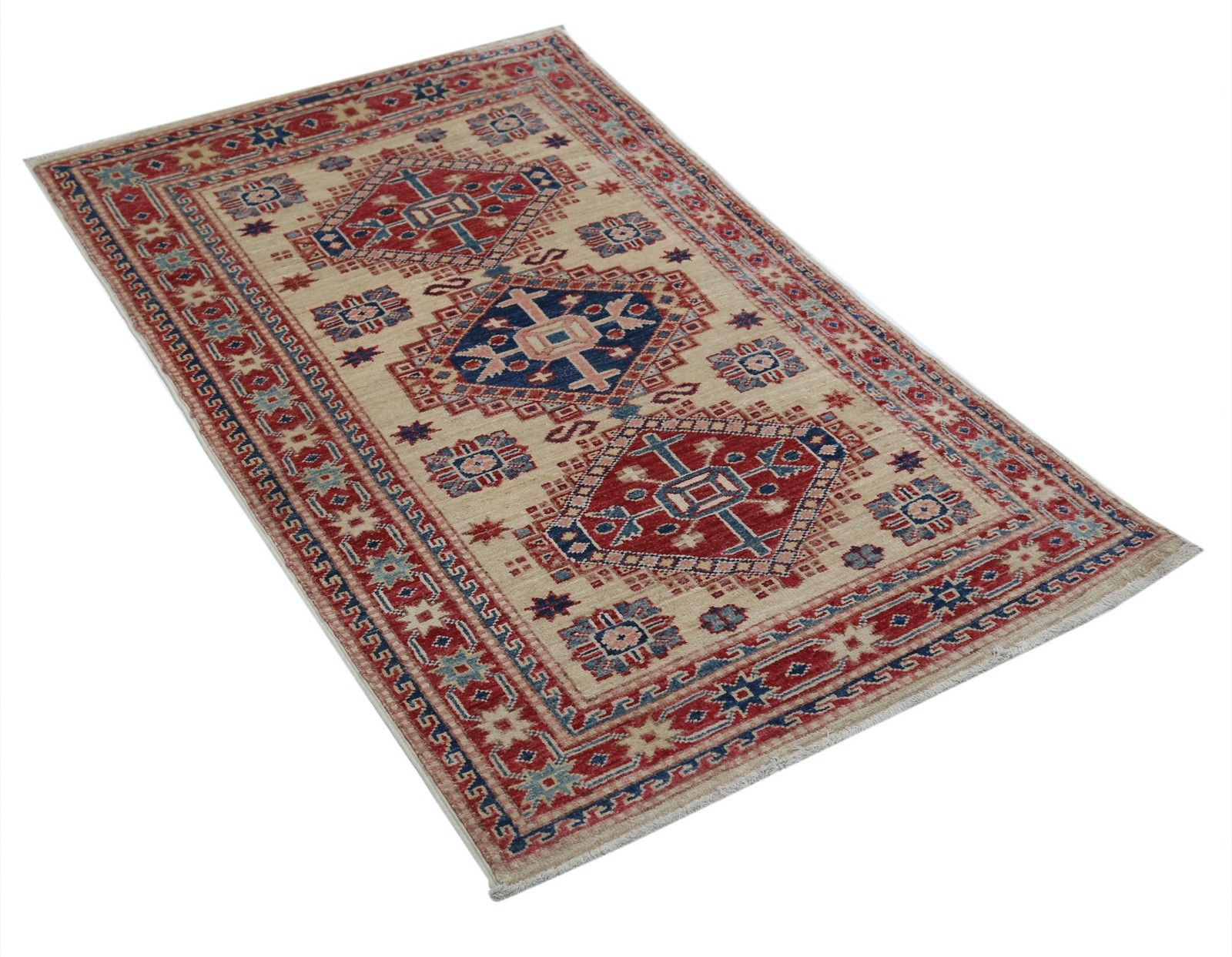 2.3x4 Ft Hand Knotted Ivory, Red, Blue Wool Area Rug. Geometric Medallion Design photo furniture