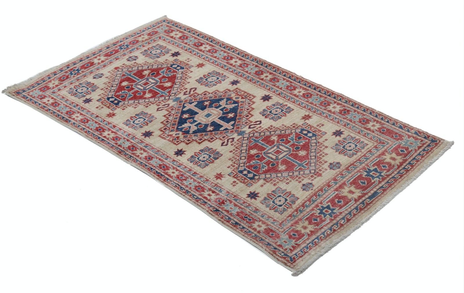 2.3x4 Ft Hand Knotted Ivory, Red, Blue Wool Area Rug. Geometric Medallion Design photo 535.0