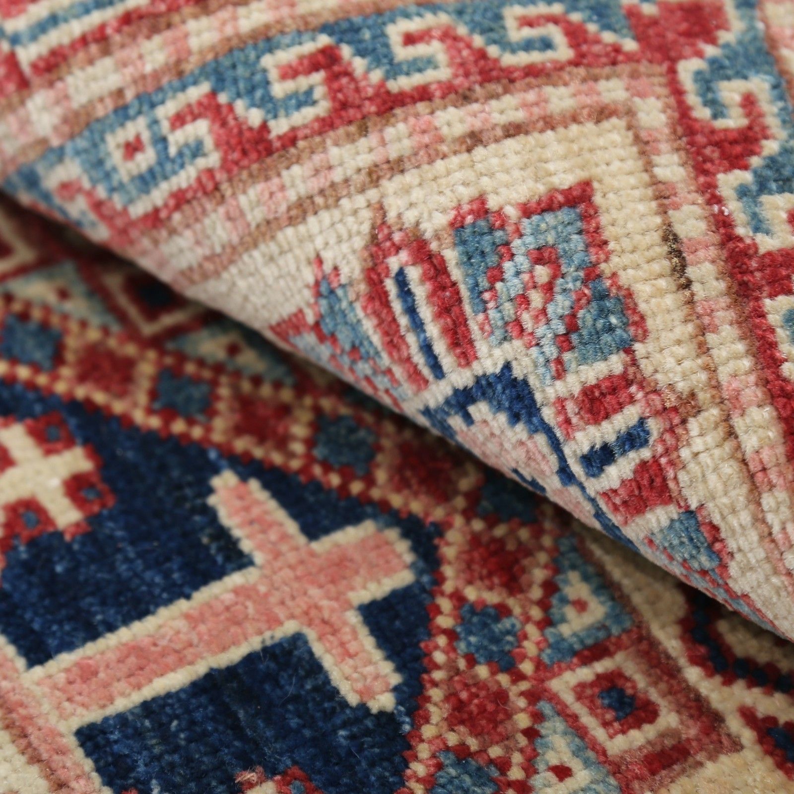 2.3x4 Ft Hand Knotted Ivory, Red, Blue Wool Area Rug. Geometric Medallion Design photo vinterior