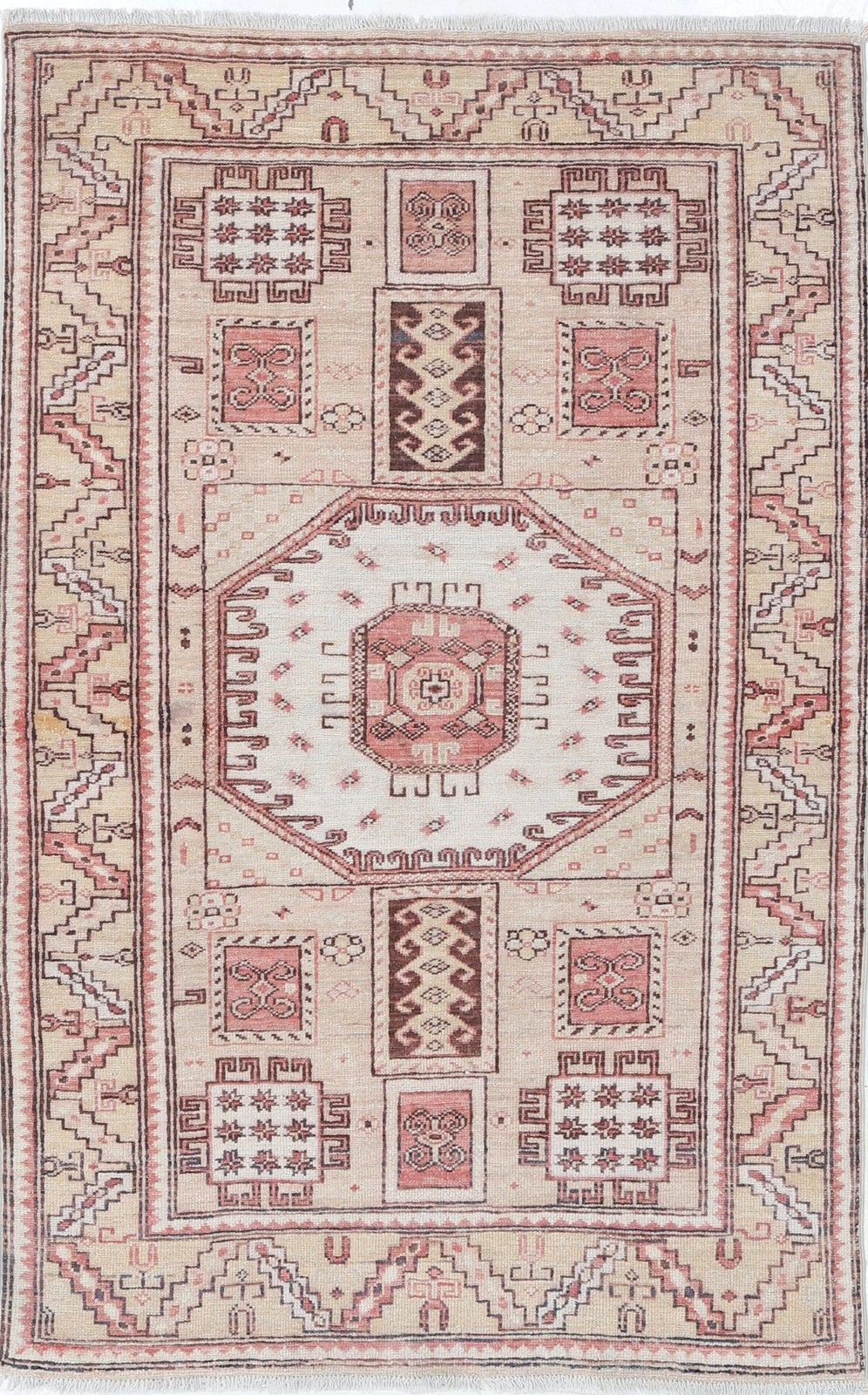 3x5 Ft Hand Knotted Ivory, Red Wool Area Rug. Turkish Medallion Motif Accent Rug