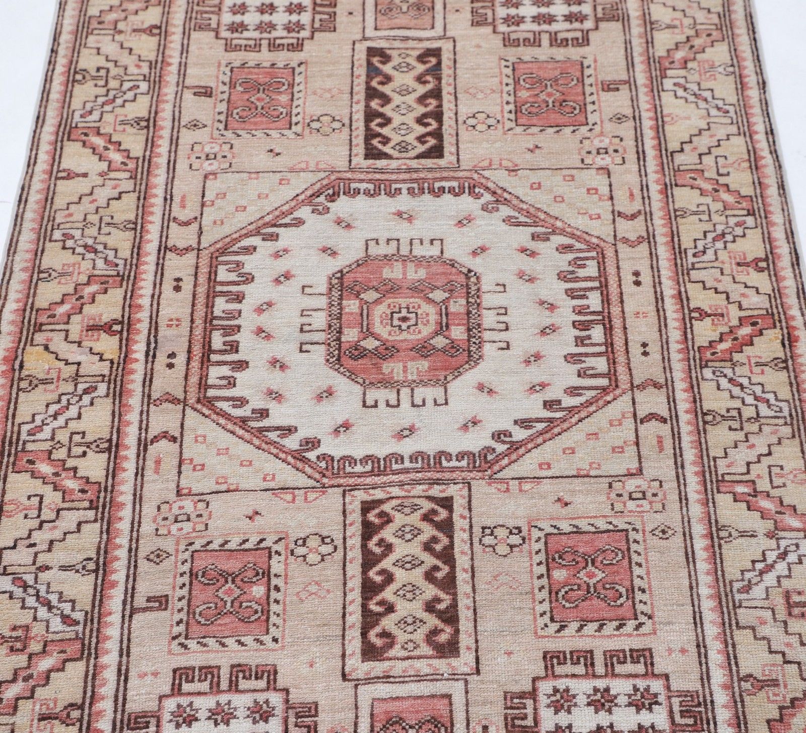 3x5 Ft Hand Knotted Ivory, Red Wool Area Rug. Turkish Medallion Motif Accent Rug photo for sale