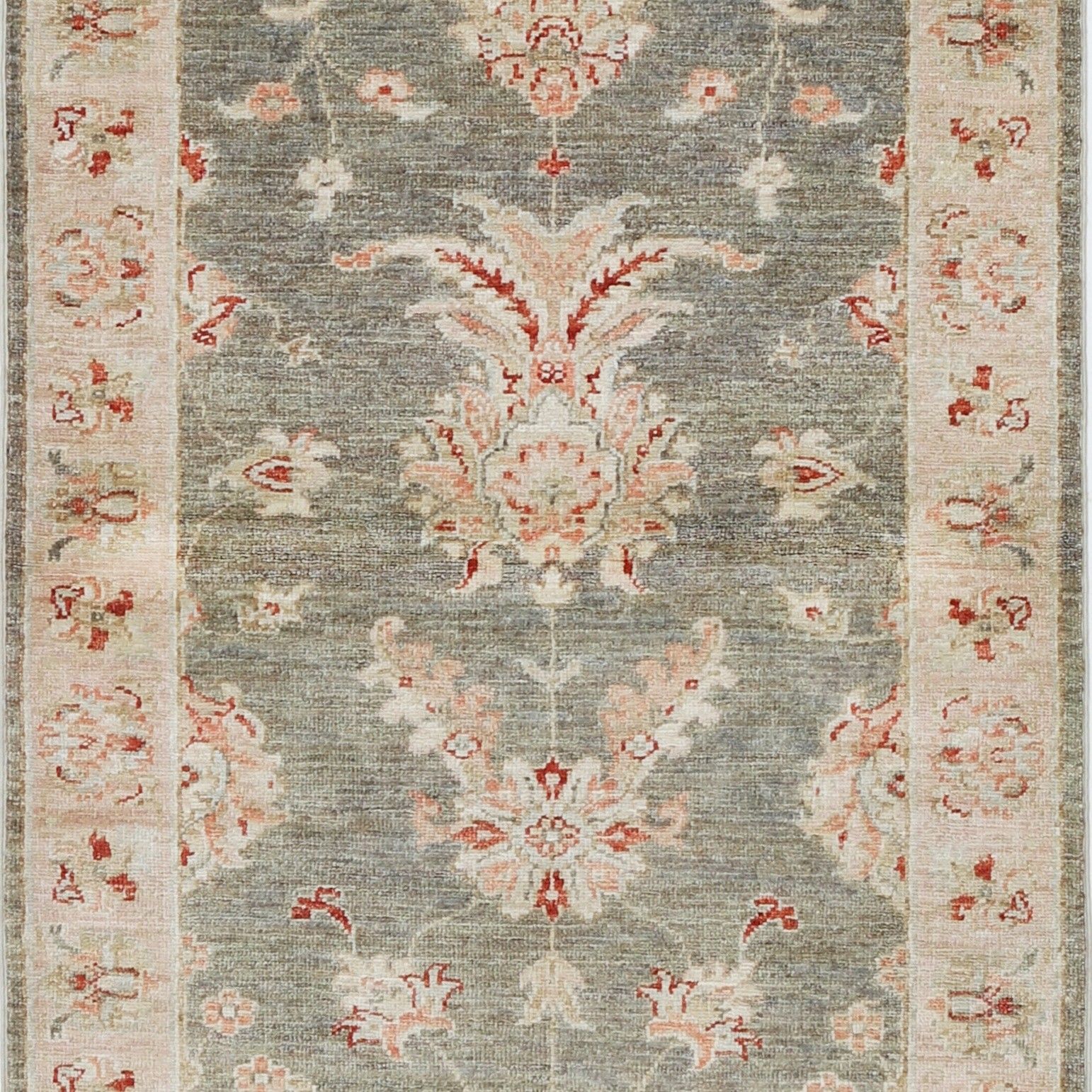 2.6x6.6 Ft Handmade Sage Green, Ivory, Red Wool Runner Rug. Floral Corridor Rug photo buy