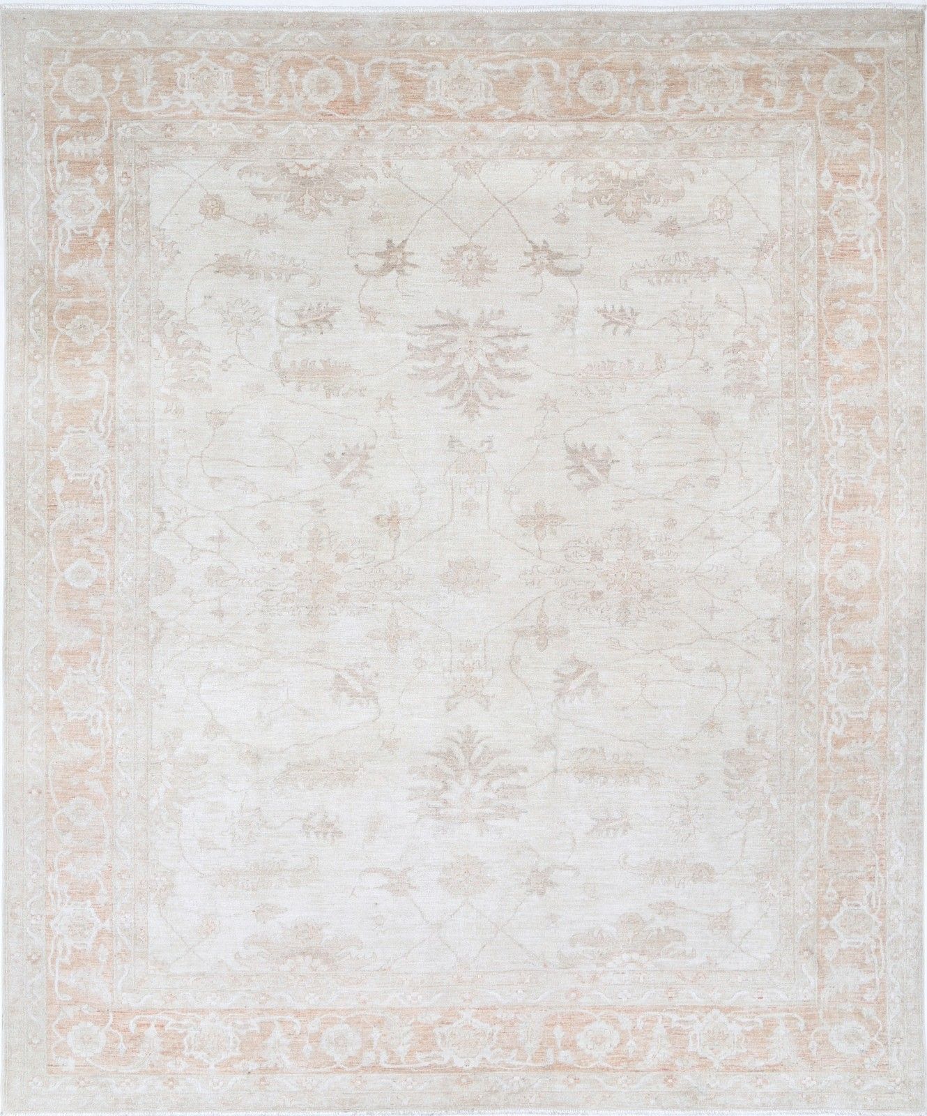 Tapis de sol beige noué à la main, 2,82 x 3,41 m. Tapis Oushak traditionnel à motifs floraux