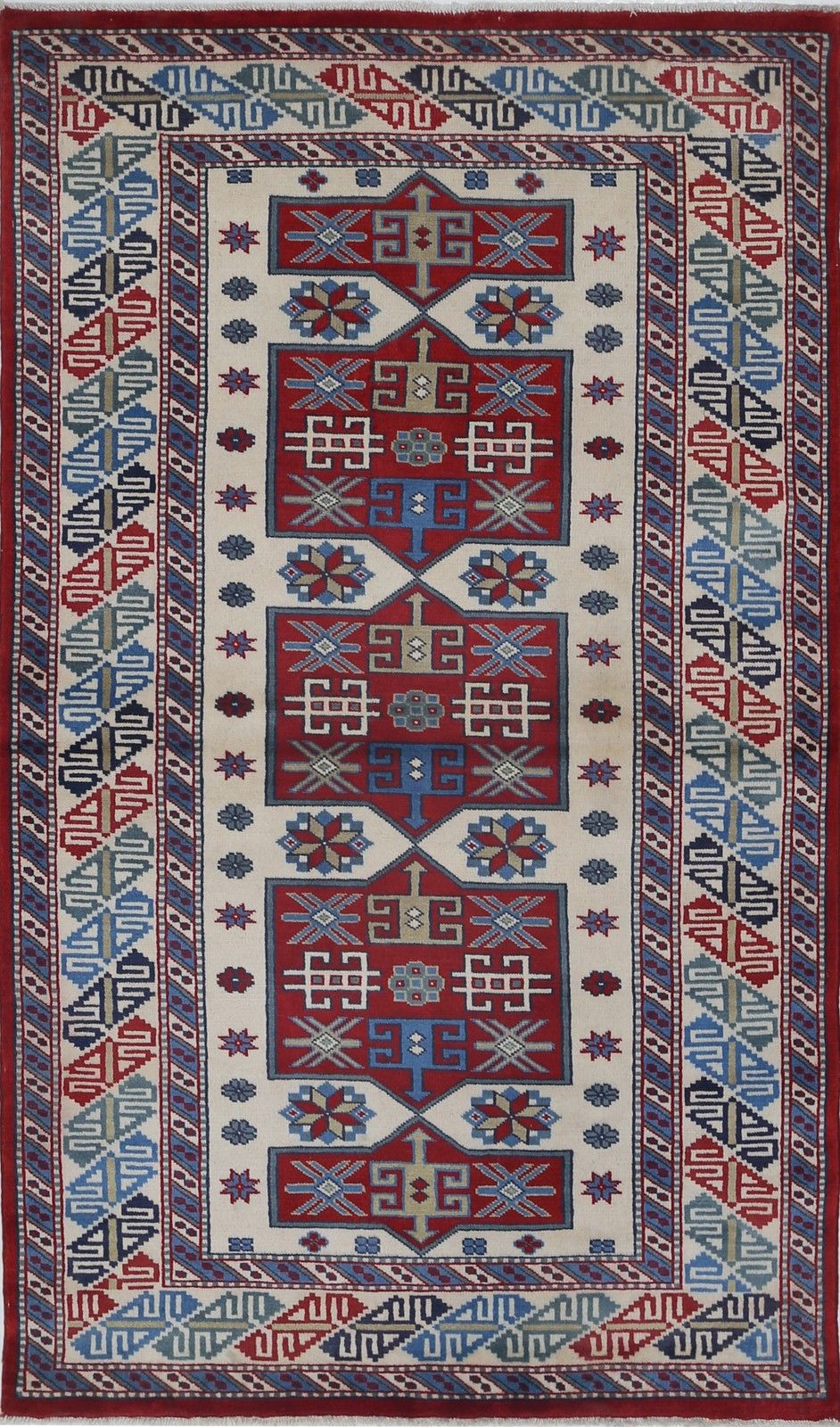 Tapis en laine noué à la main, ivoire, rouge et bleu, 92 x 155 cm. Tapis d'accent à motifs tribaux