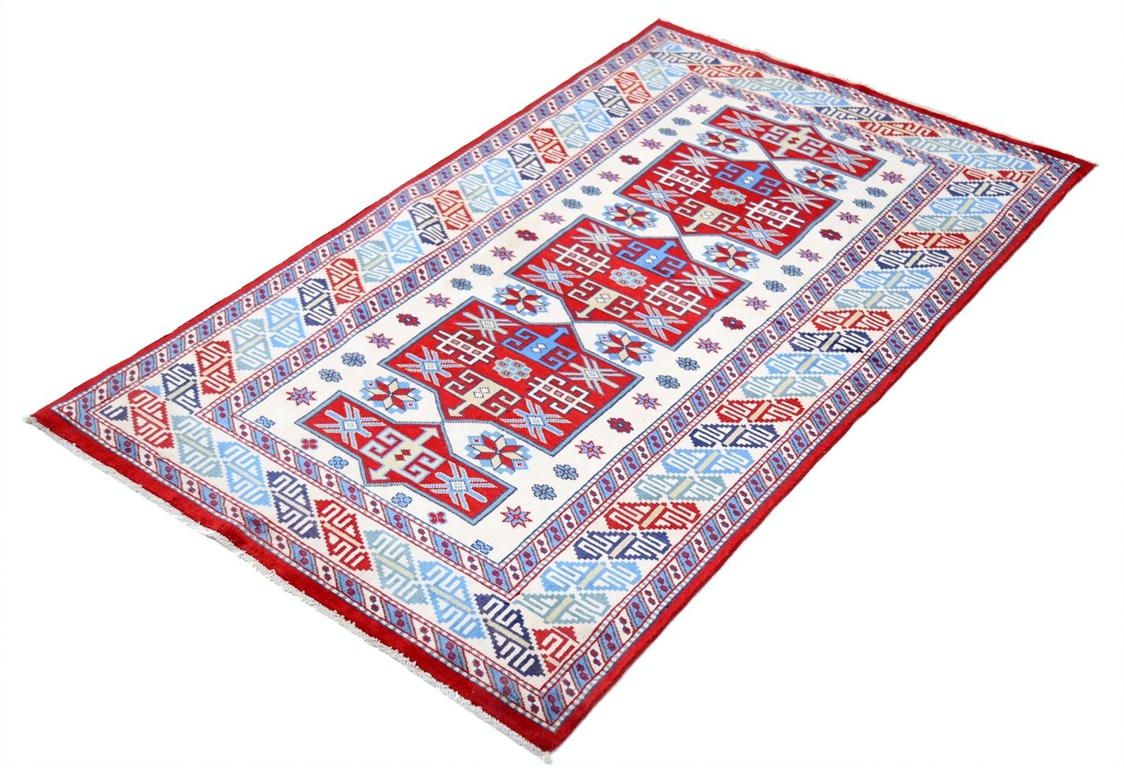 Tapis en laine noué à la main, ivoire, rouge et bleu, 92 x 155 cm. Tapis d'accent à motifs tribaux photo furniture