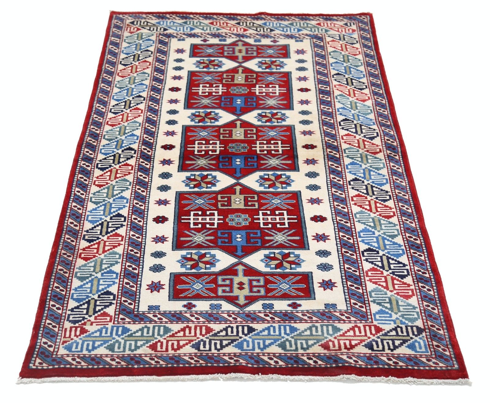 3x5 Ft Hand Knotted Ivory, Red And Blue Wool Area Rug. Tribal Motif Accent Rug photo Textiles