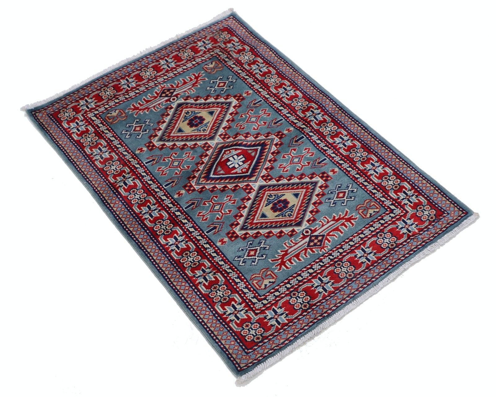 Tapis d'accent en laine fait main, bleu, rouge et ivoire, motif médaillon géométrique, 60 x 90 cm photo furniture
