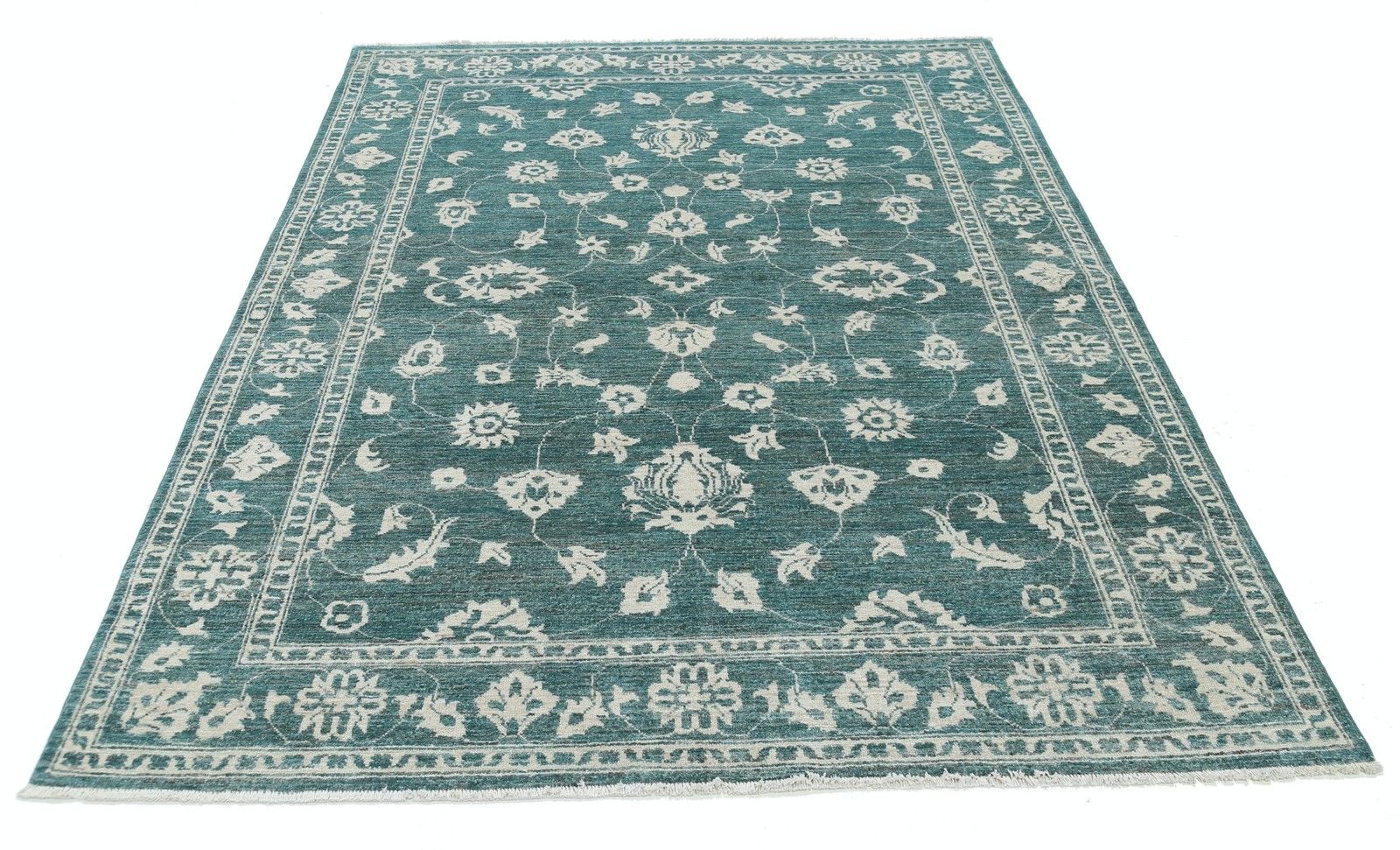 5,7x7,6 ft Handgeknoopt Groen Wollen Oushak Vloerkleed met Allover Bloemmotief photo Textiel