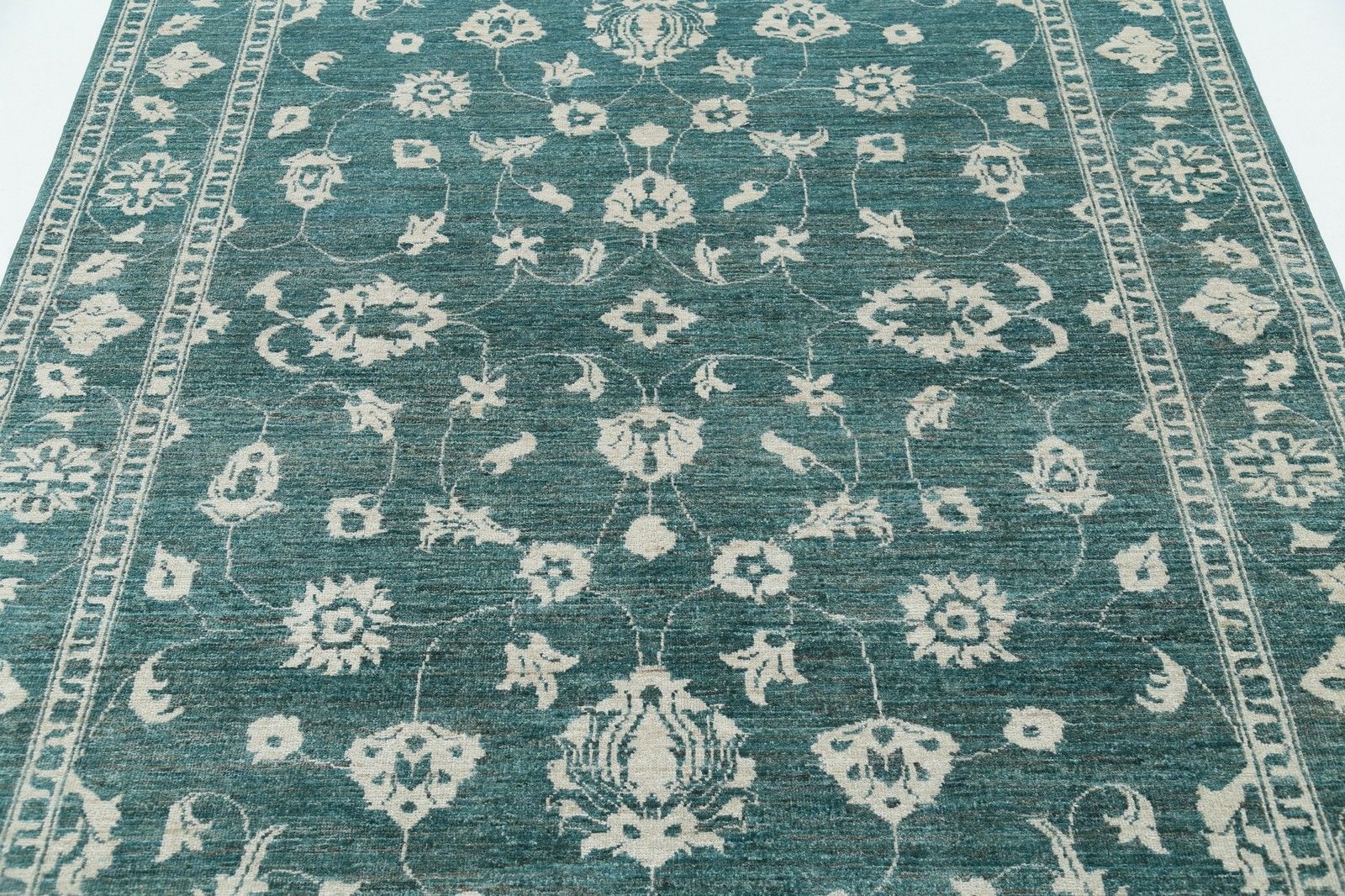 5,7x7,6 ft Handgeknoopt Groen Wollen Oushak Vloerkleed met Allover Bloemmotief photo 2061.0