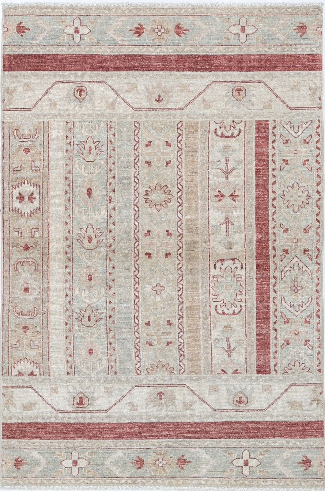 3,8x5,8 ft Handgeknoopt Beige, Rood Vloerkleed. Turks Geometrisch Motief Accentkleed