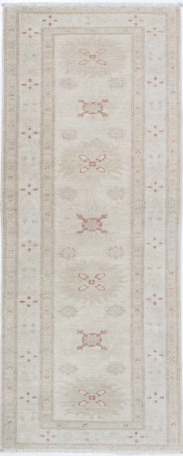 2x5.3 Ft Hand Knotted Beige, Blush Area Rug. Turkish Geometric Motif Accent Rug