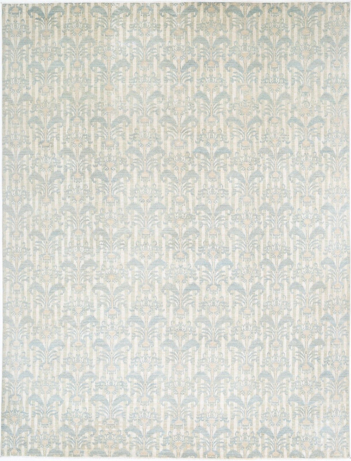 9.8x13.3 Ft Hand Knotted Light Blue, Beige Rug. Traditional Damask Design Carpet