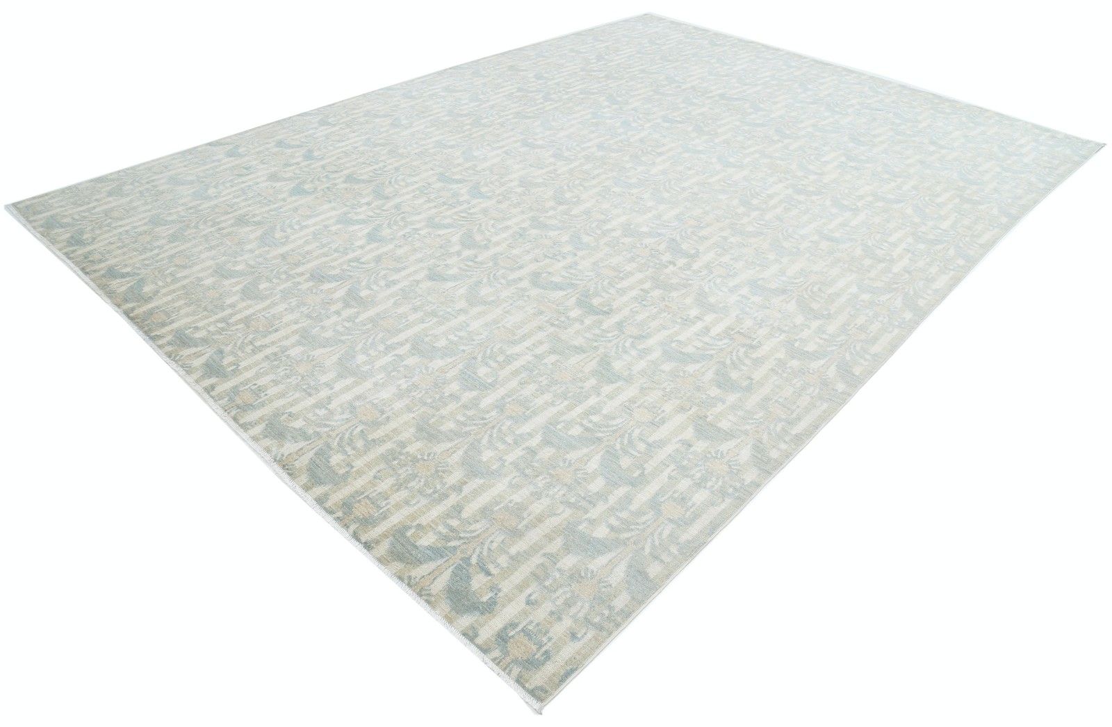 9,8 x 13,3 ft handgeknoopt vloerkleed in lichtblauw en beige. Traditioneel damastdesign tapijt photo for sale
