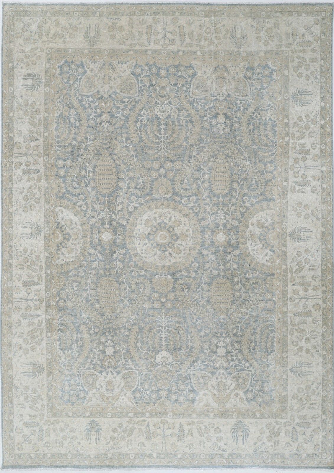8,6 x 12,3 ft Handgeknoopt vloerkleed in lichtblauw en ivoor. Traditioneel bloemmotief tapijt