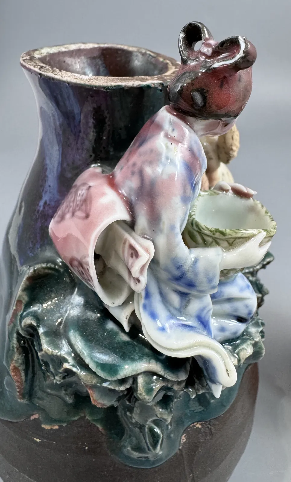 photo for sale Japanese Sumida Gawa Vase With Monkey, Karako And Seated Woman, Kōko — Meiji / Early Taishō Period