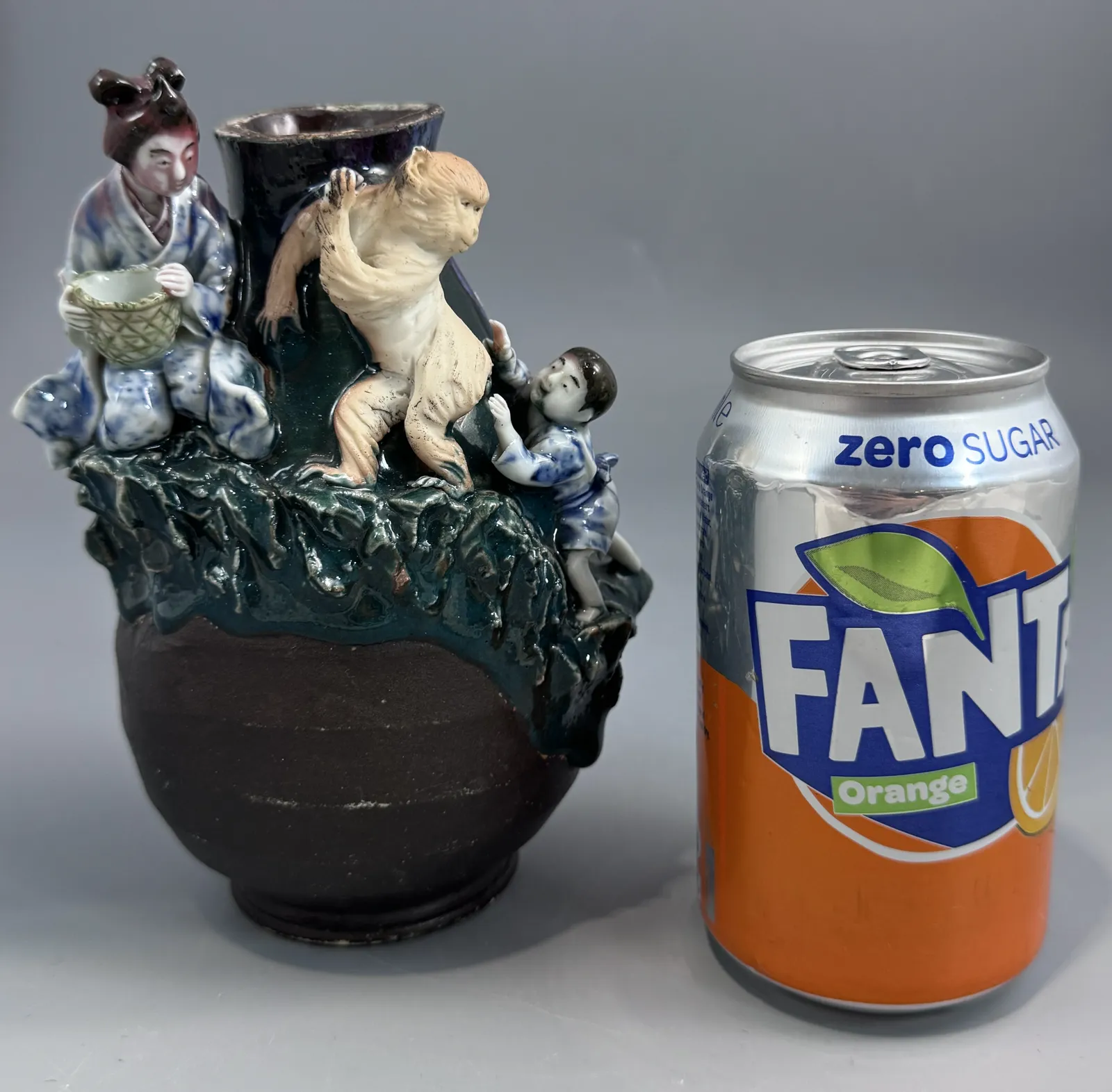 Home Decor Japanese Sumida Gawa Vase With Monkey, Karako And Seated Woman, Kōko — Meiji / Early Taishō Period photo