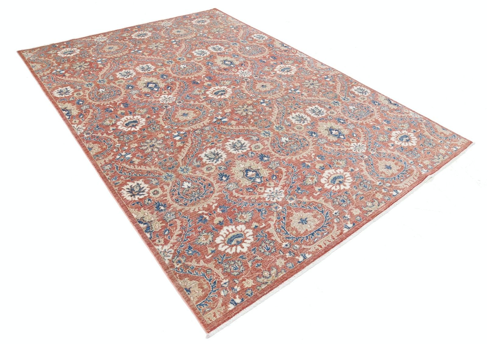 Tapis en laine noué à la main, rouge, bleu marine et beige, motif floral - 2 x 2,9 m photo furniture
