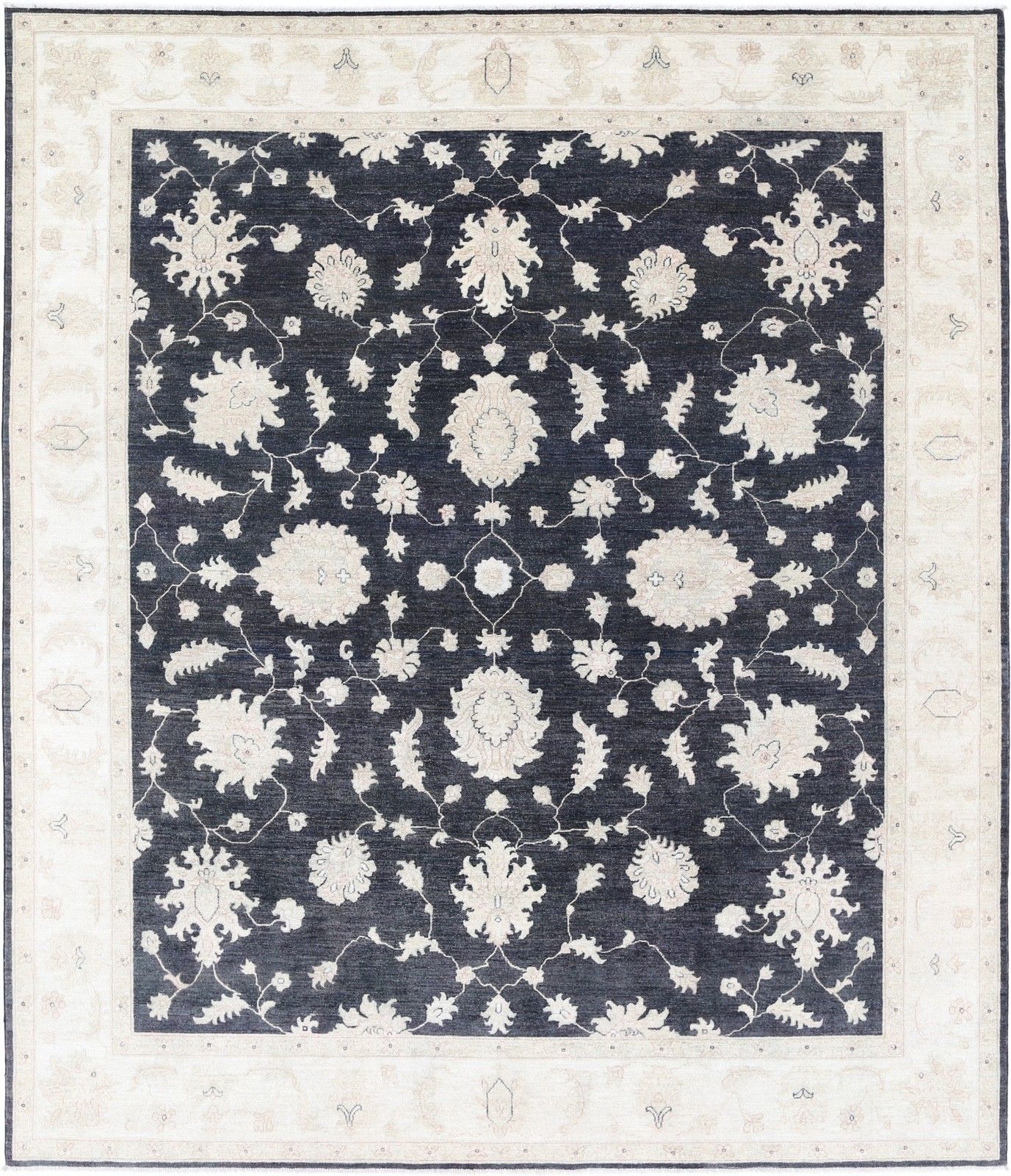 8.2x9.4 Ft Hand Knotted Floral Area Rug With Black Field And Beige Border
