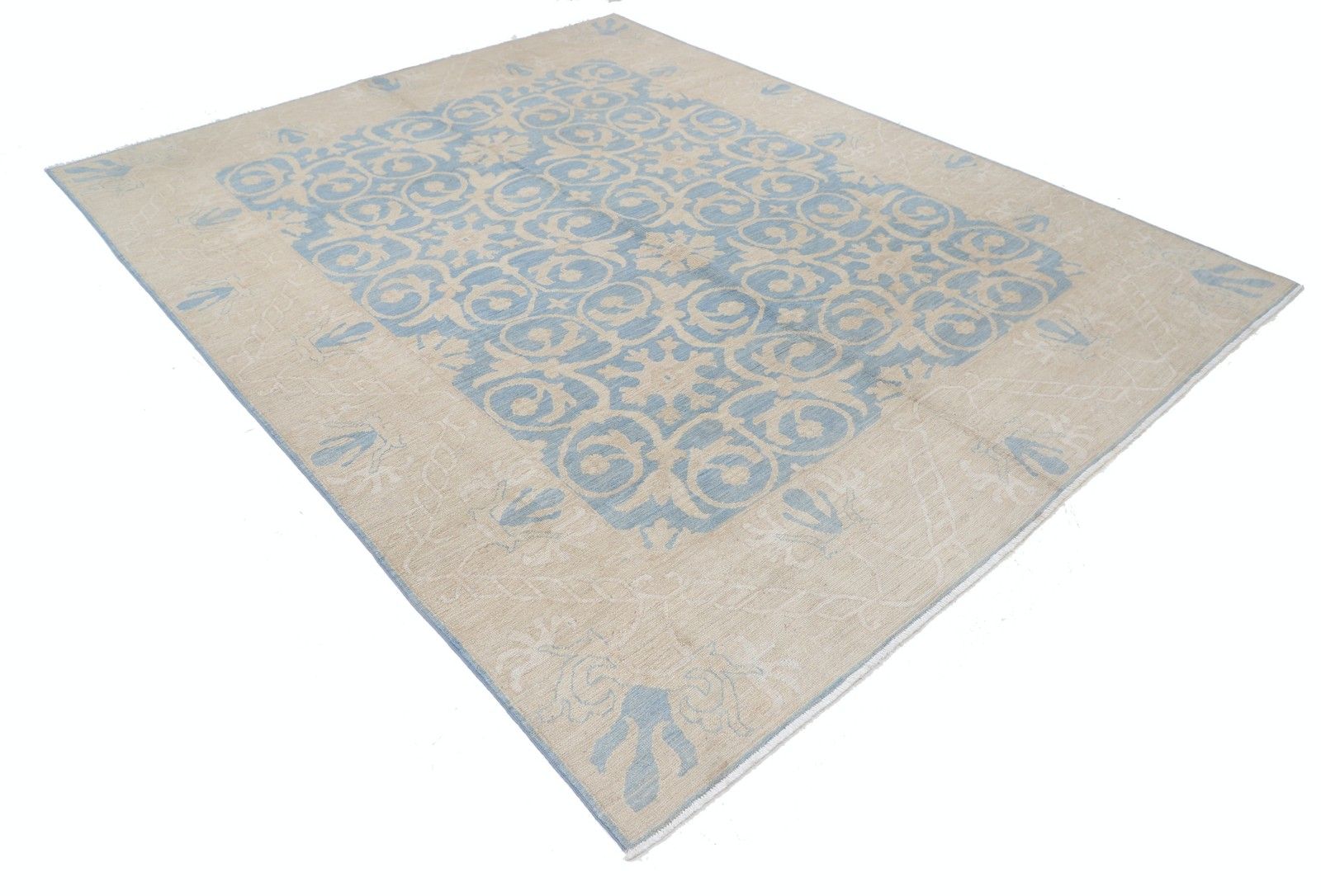 7.7x9.5 Ft Hand Knotted Light Blue, Ivory Wool Area Rug With Damask Design photo furniture