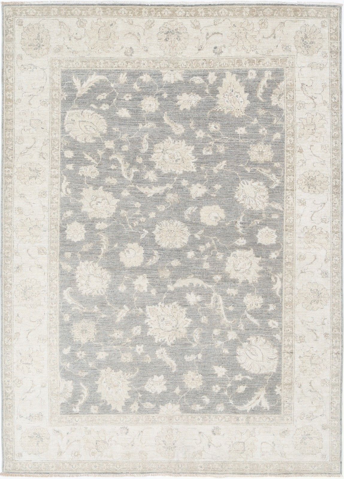 Handgeknoopt Bloemen Turks Vloerkleed 180 x 250 cm met Grijs Veld en Beige Rand