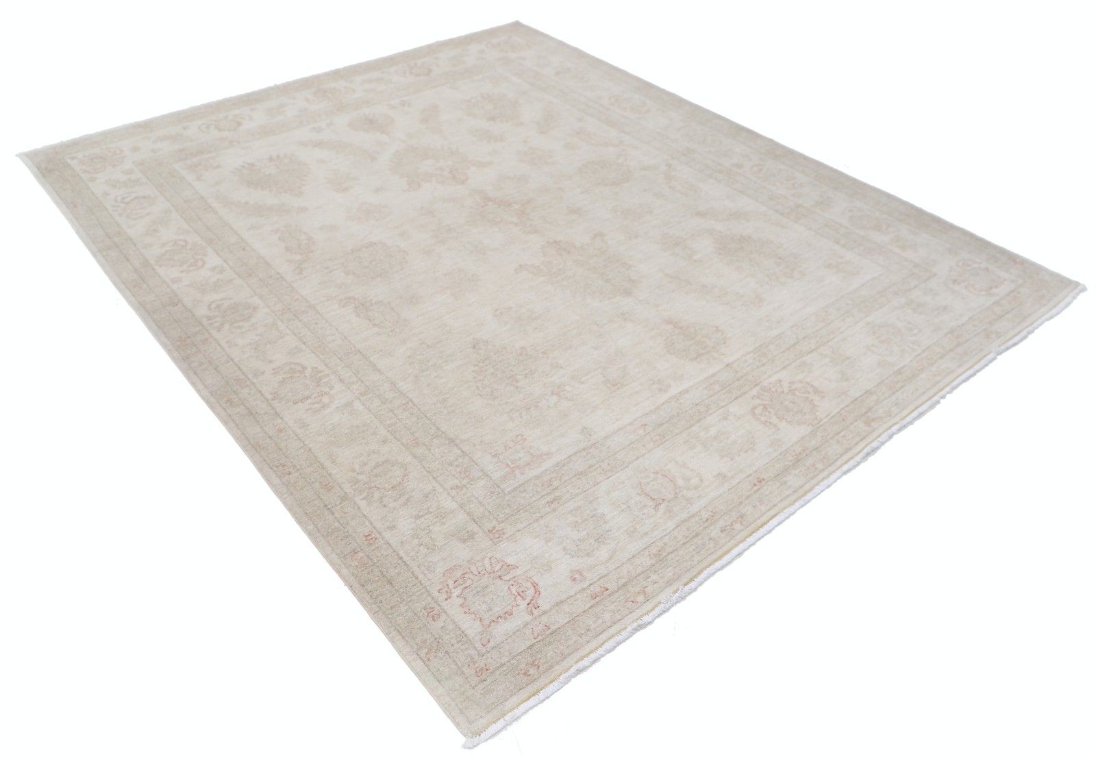 6.7x8.3 Ft Hand Knotted Oushak Wool Rug. Beige Turkish Carpet With Floral Design photo furniture