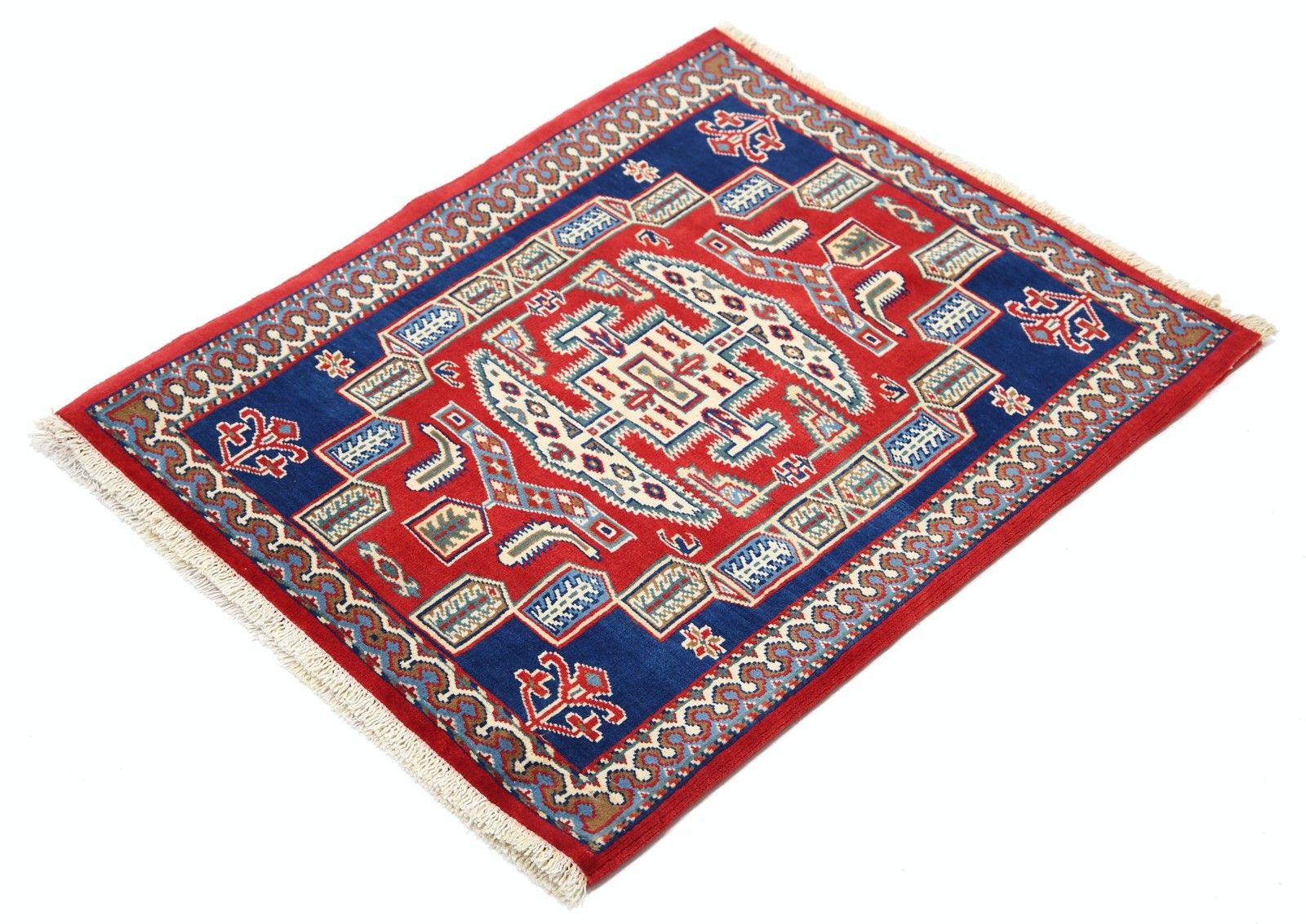 Tapis artisanal rouge, bleu marine et beige, 67 x 79 cm - motif géométrique tribal à médaillon photo for sale