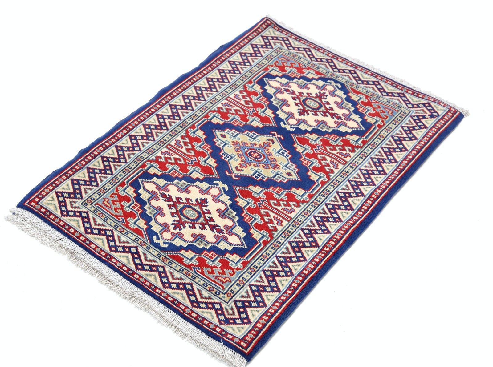 2.2x3 Ft Hand Knotted Navy Blue, Red, Ivory Area Rug. Geometric Medallion Design photo for sale