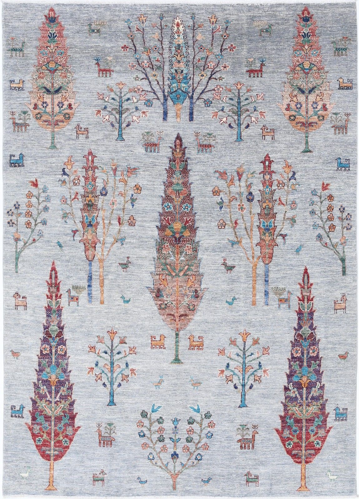5.6x7.7 Ft Hand Knotted Light Blue Area Rug. Turkish Tree Of Life Design Carpet