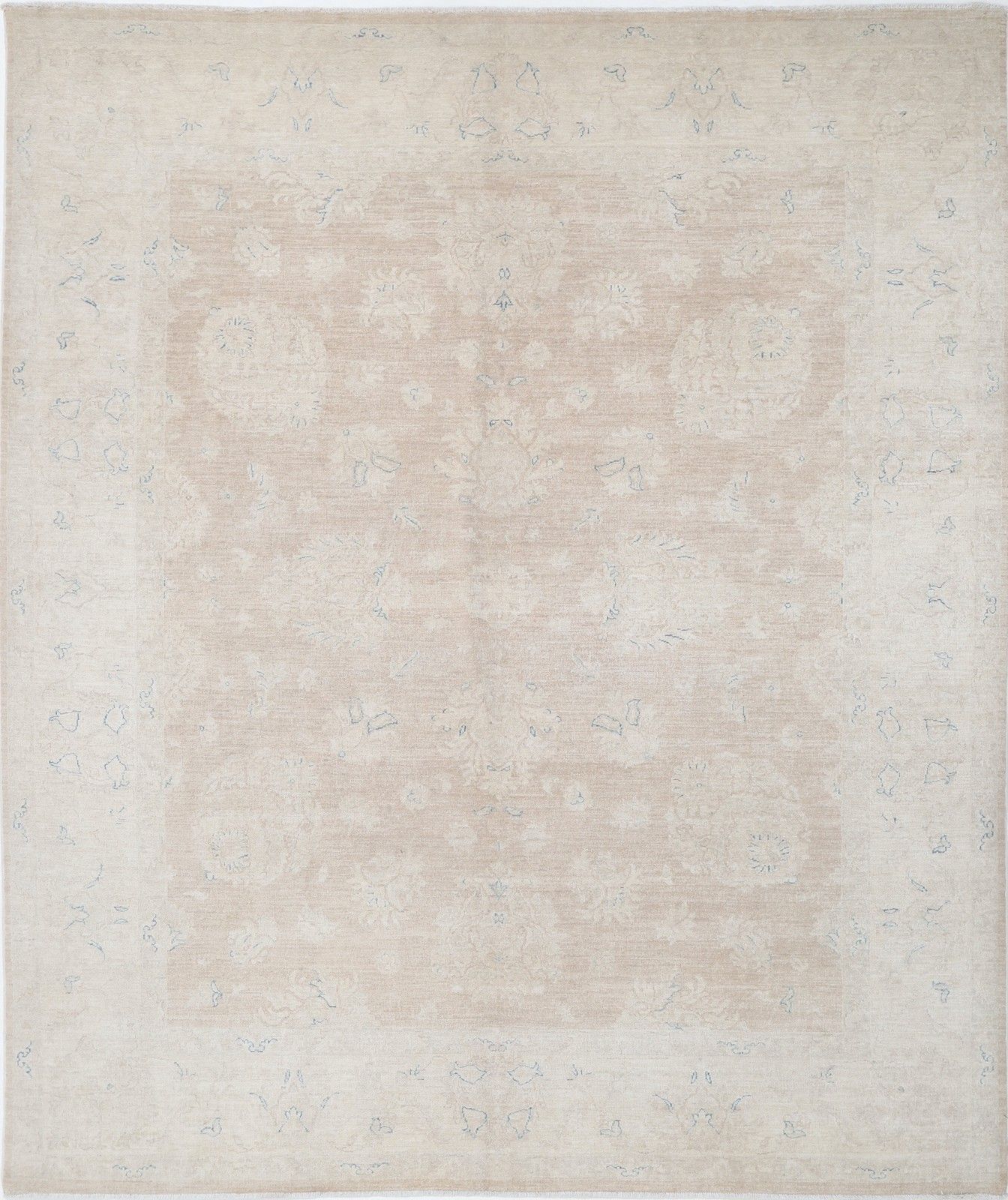 Tapis de sol noué à la main, aux tons doux, 8 x 9,7 pi. Tapis en laine 100 % pour la décoration intérieure