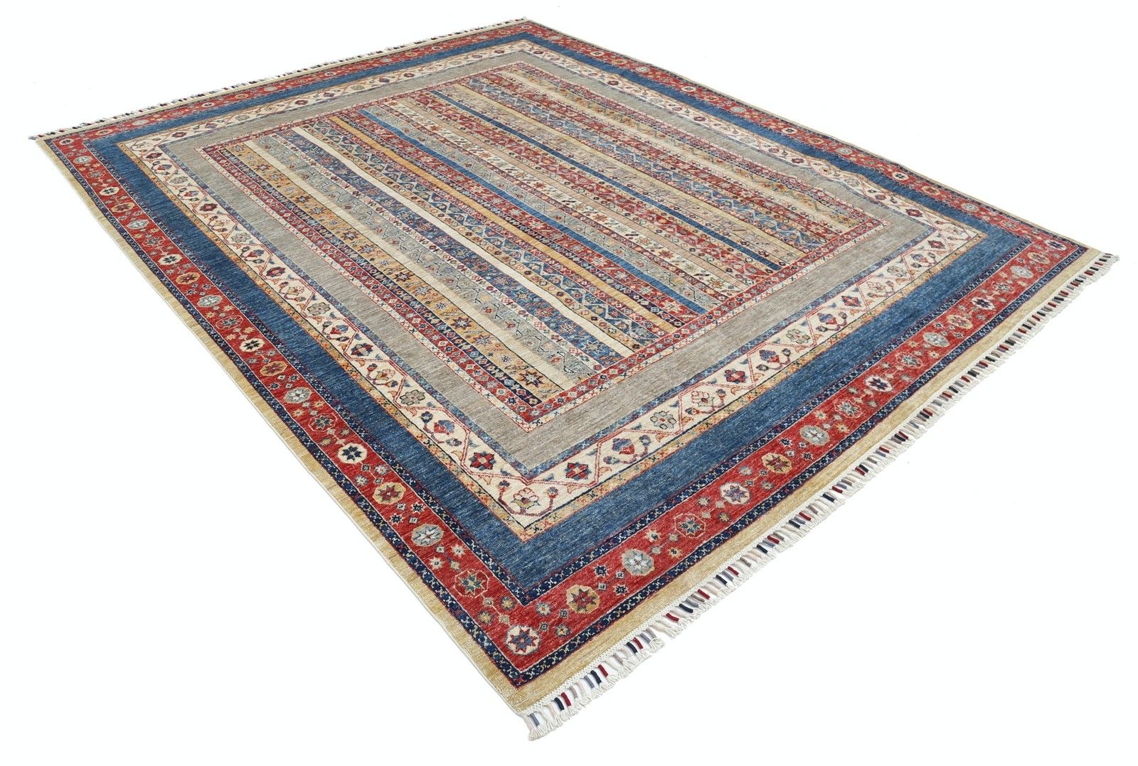 8x9.7 Ft Colorful Hand Knotted Striped Pattern Red, Navy Blue And Beige Area Rug photo furniture
