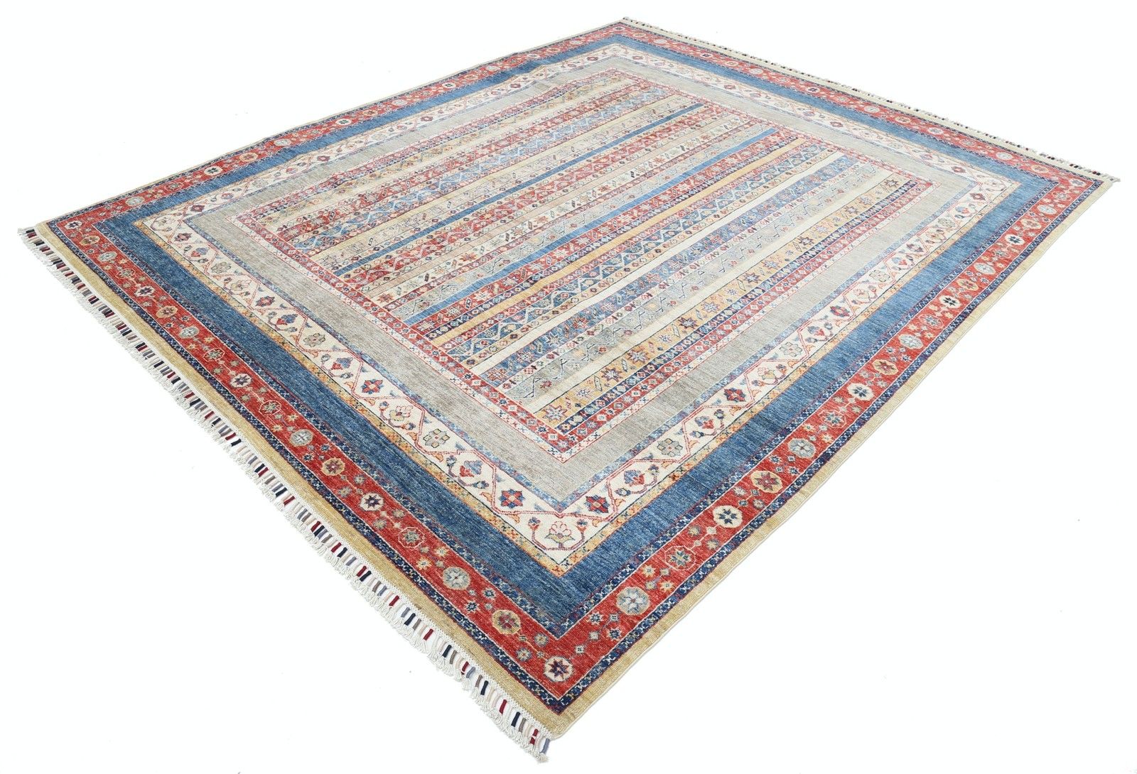 8x9,7 ft Kleurrijk Handgeknoopt Vloerkleed met Streeppatroon in Rood, Marineblauw en Beige photo for sale