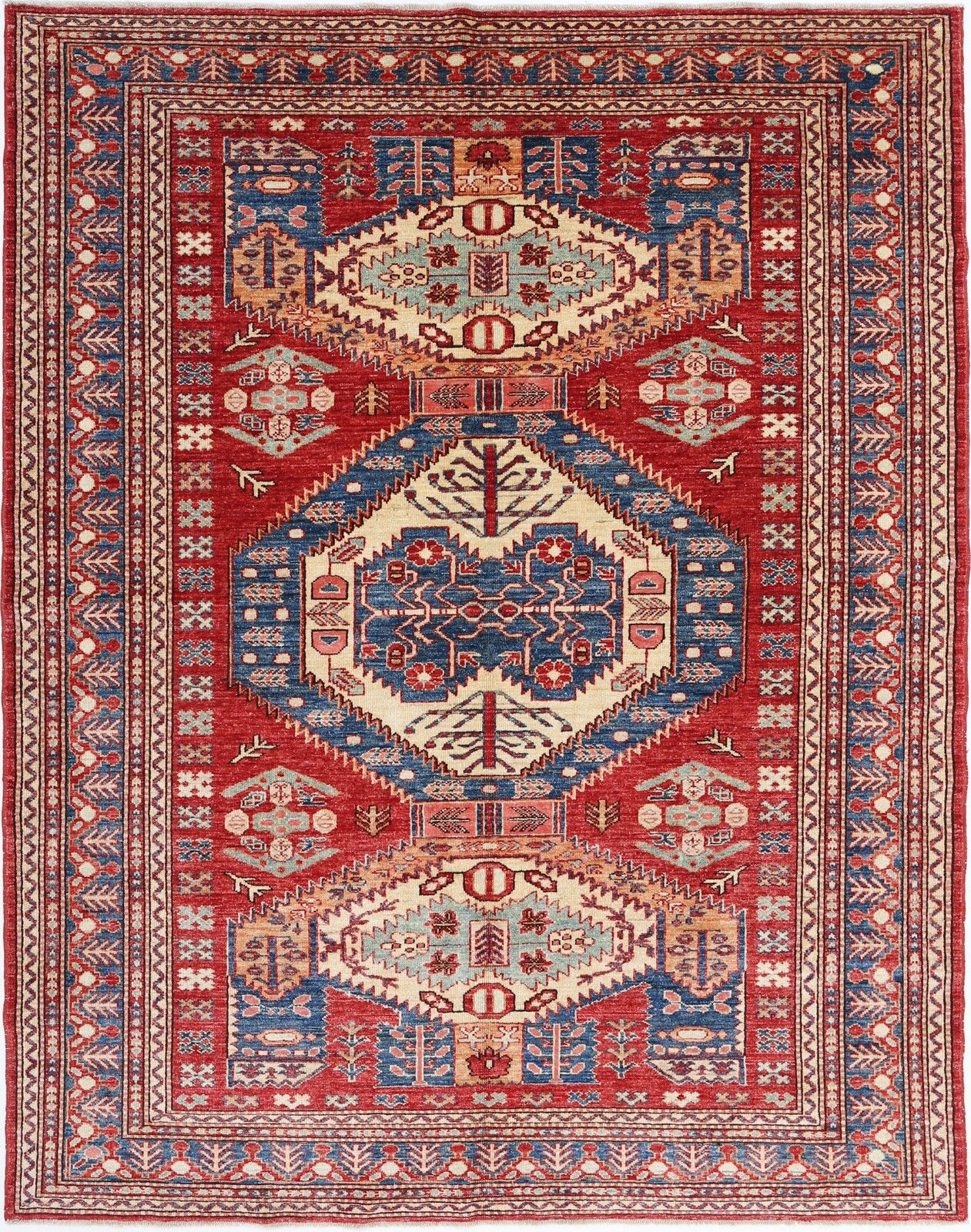 5.6x7.2 Ft Hand Knotted Tribal Style Red Area Rug For Home Decor. 100% Wool