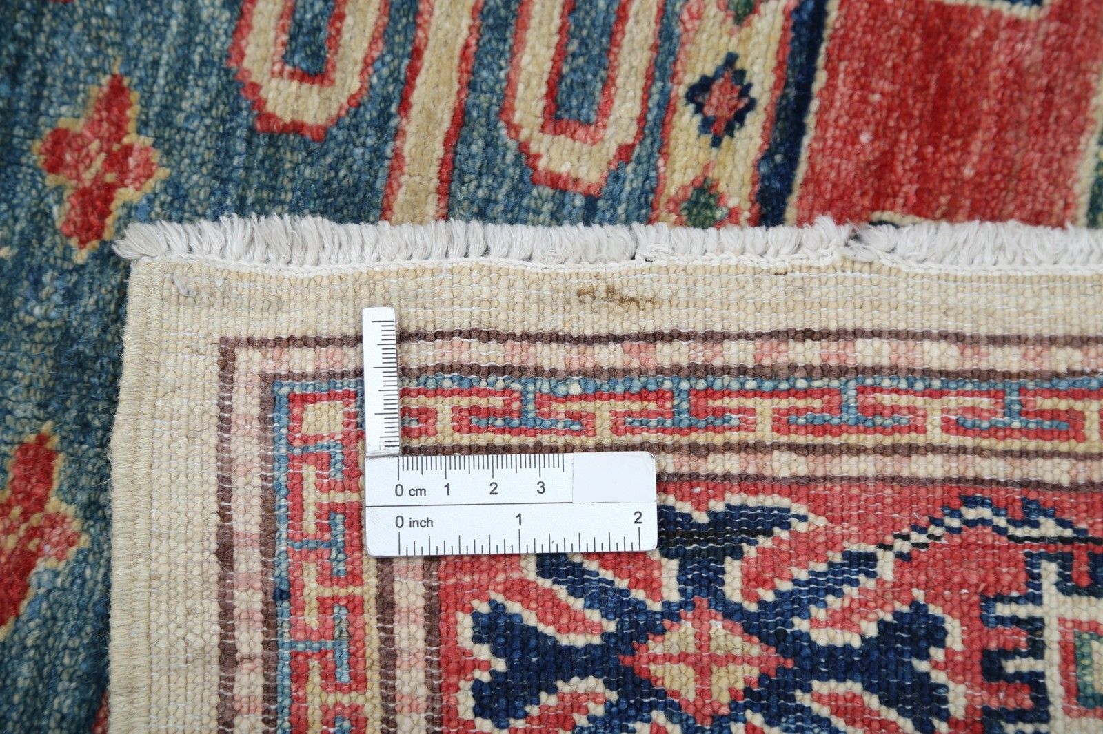 Tapis en laine noué à la main, rouge, bleu marine et bleu clair, à motif géométrique, 1,25 x 1,80 m photo buy